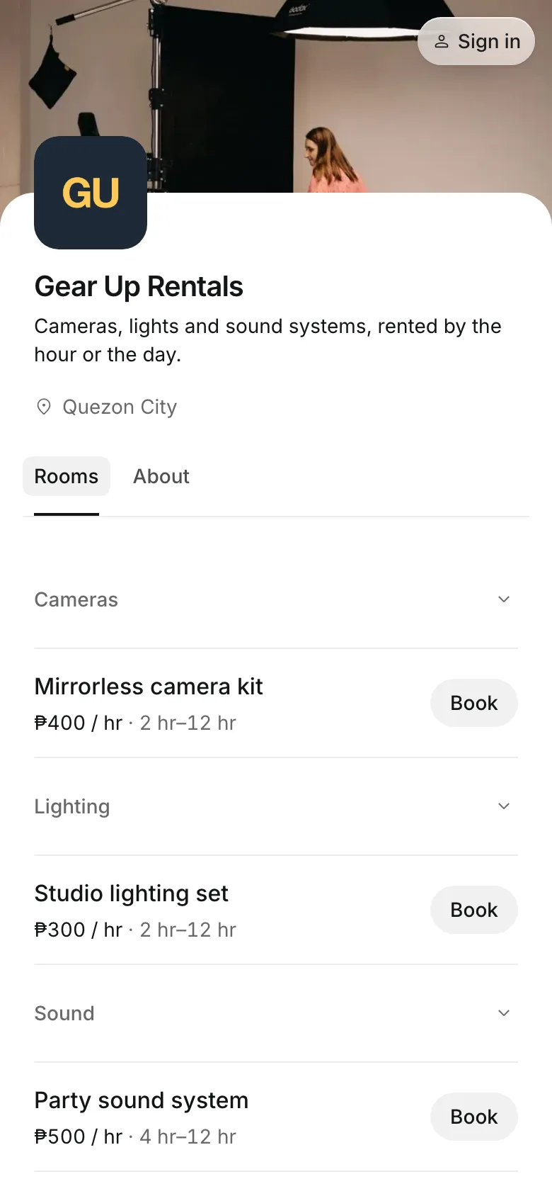 The business's booking page on a phone
