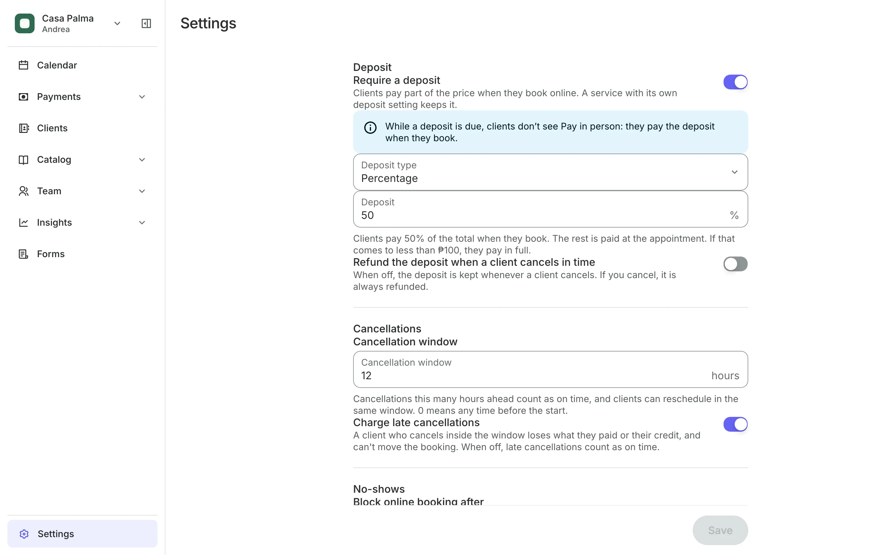 Deposit and cancellation settings: the deposit, the window and what clients see