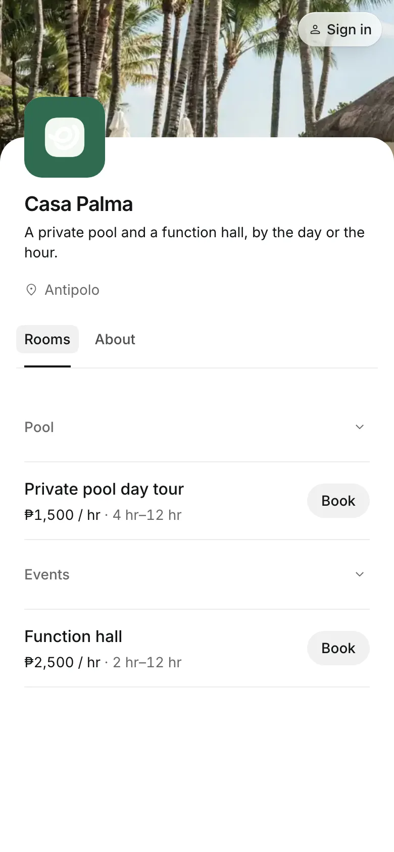 The business's booking page on a phone