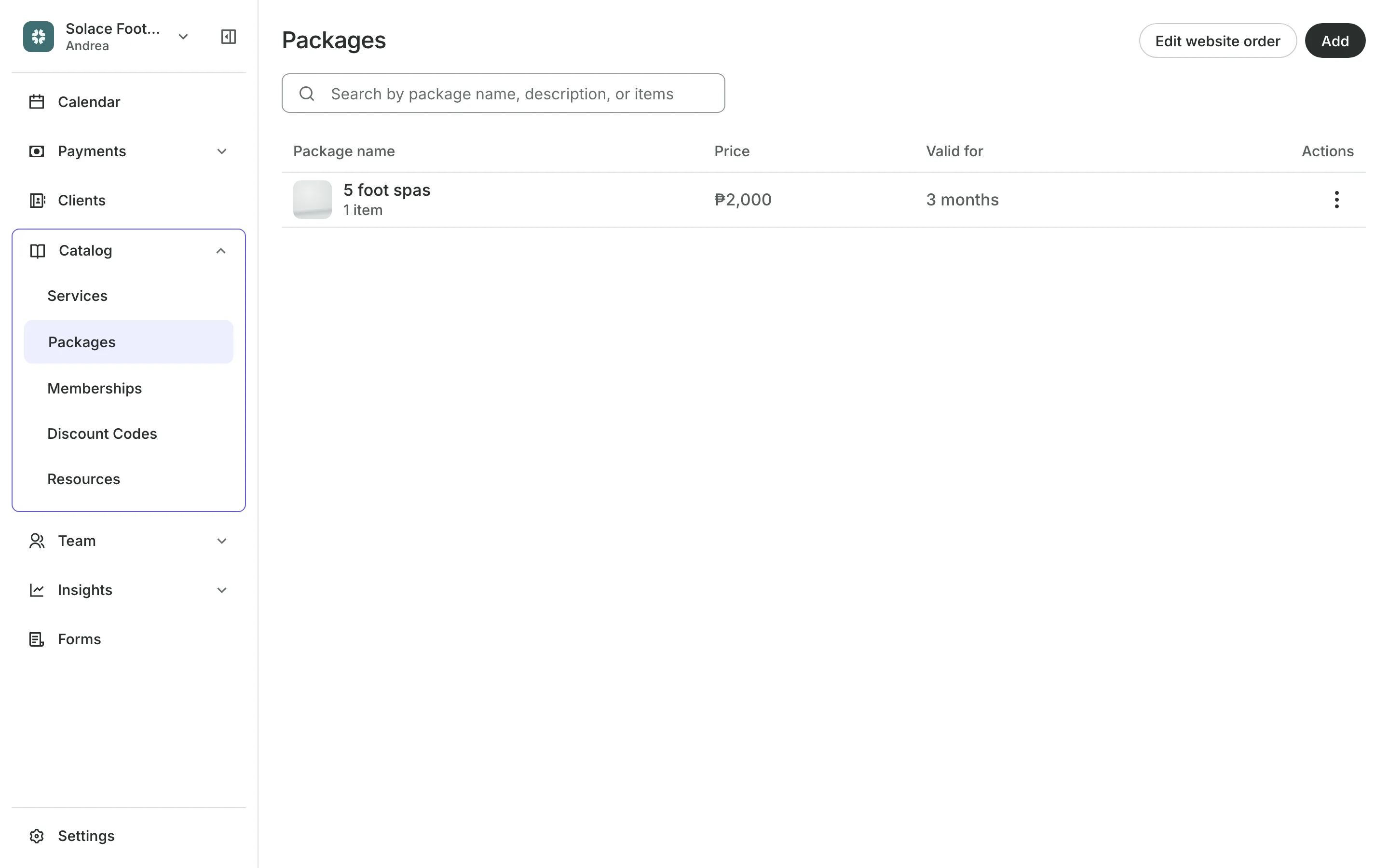Packages for sale, each with its sessions and price