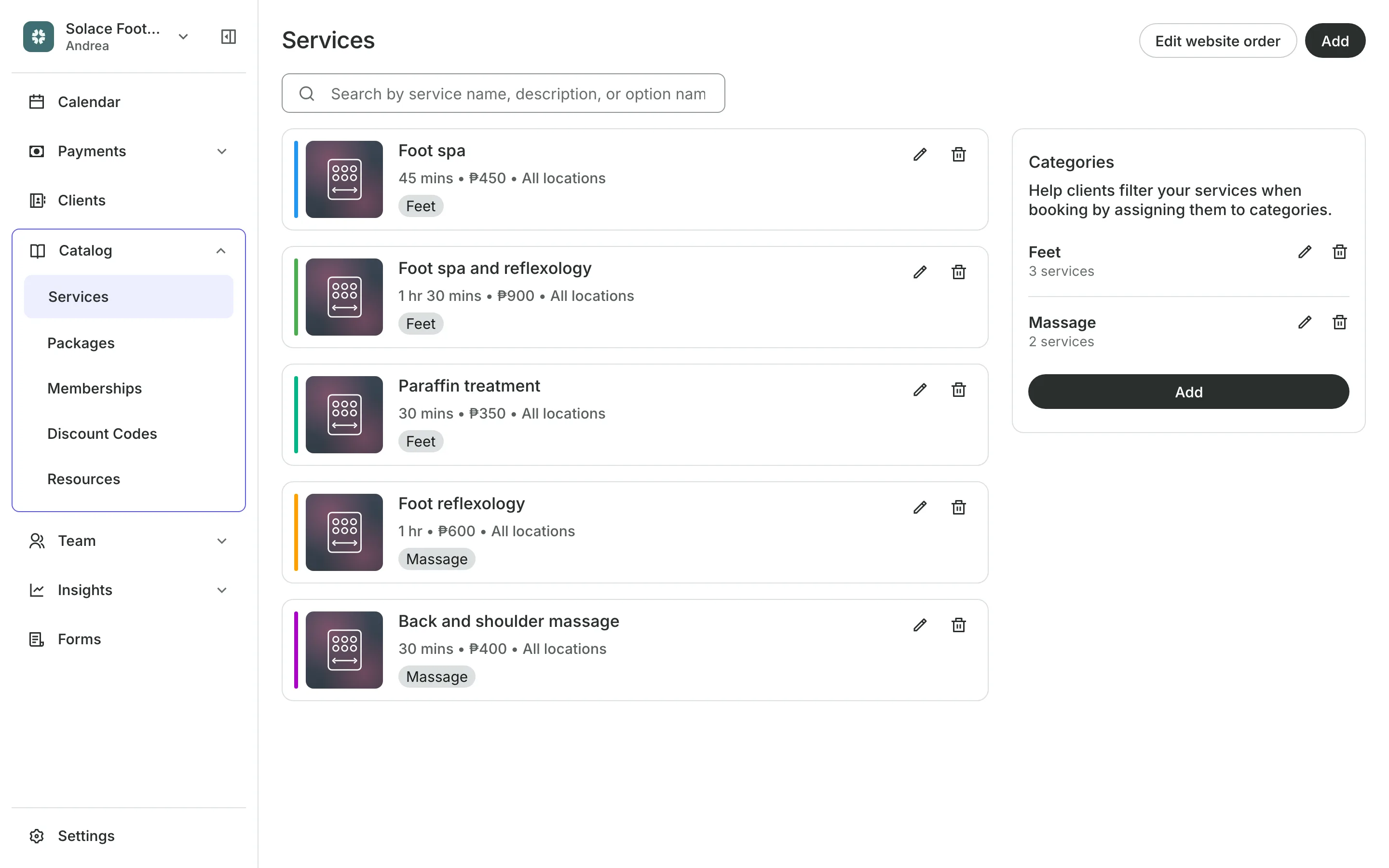 The service menu with each service's price and length