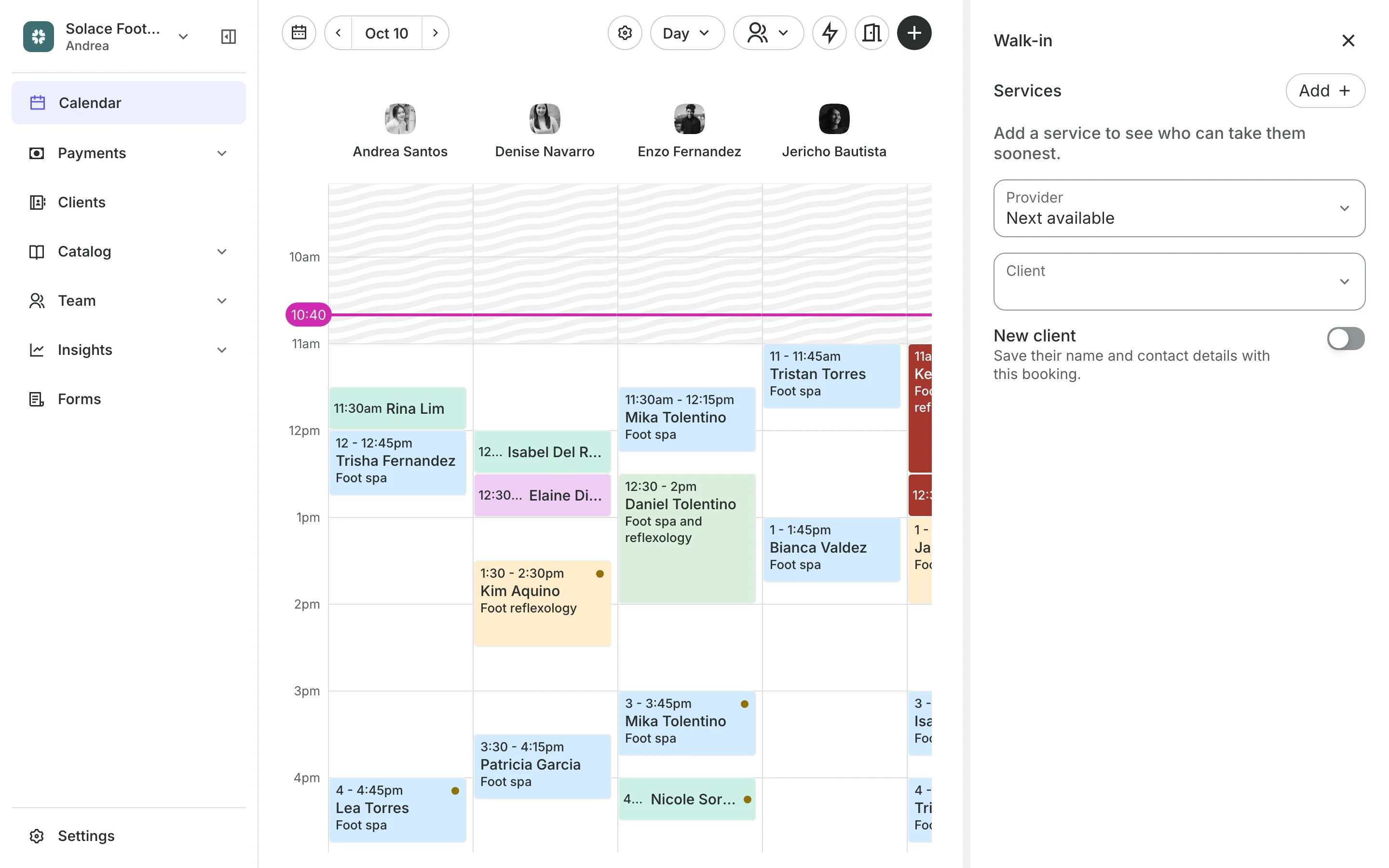 Adding a walk-in from the calendar, with each person's next free time