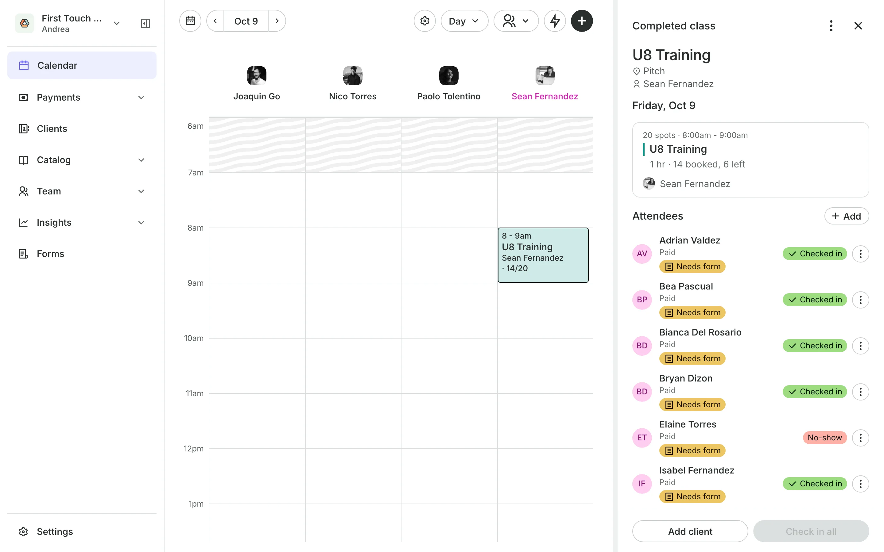 A class open from the calendar: who is booked, how each pays, and Check in all