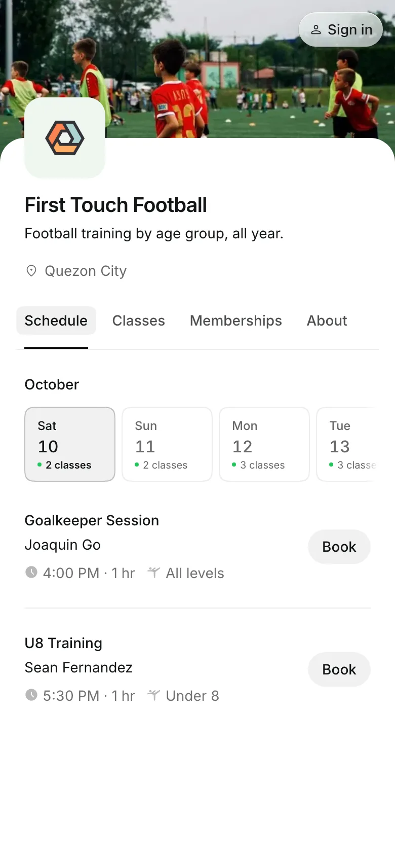 The business's booking page on a phone