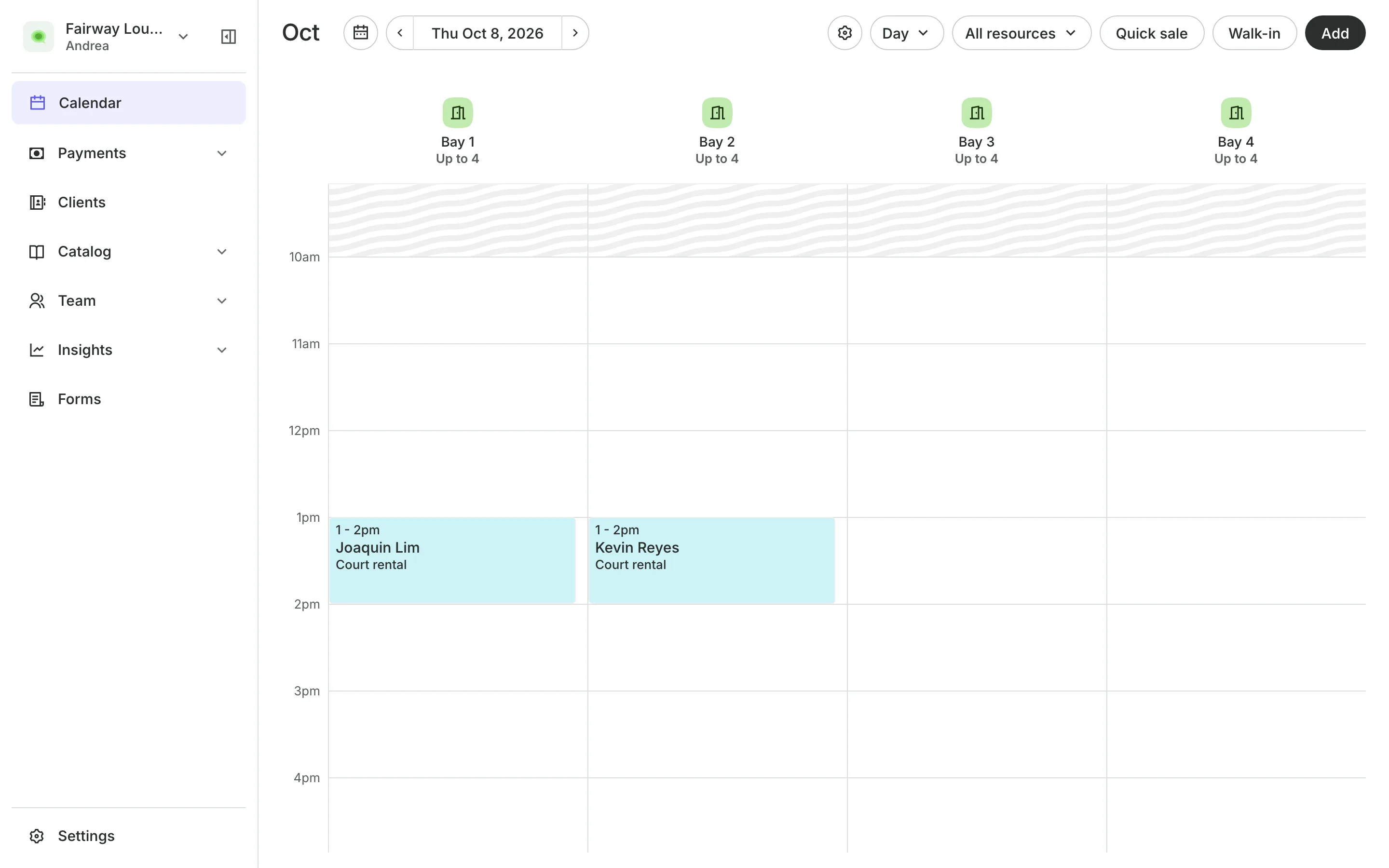 The calendar in day view: the team's columns and the day's bookings
