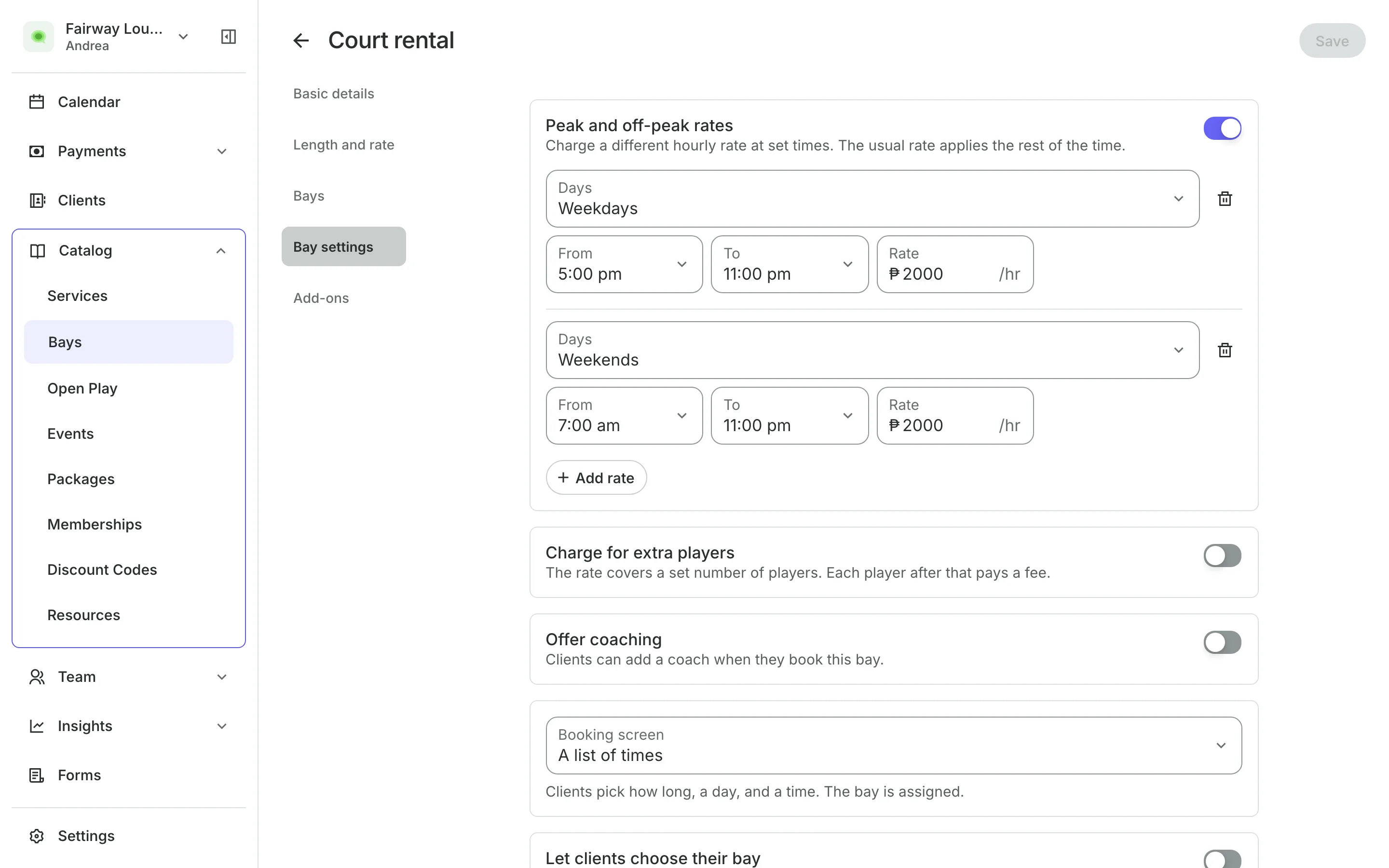 A court type's peak and off-peak rates by day and time