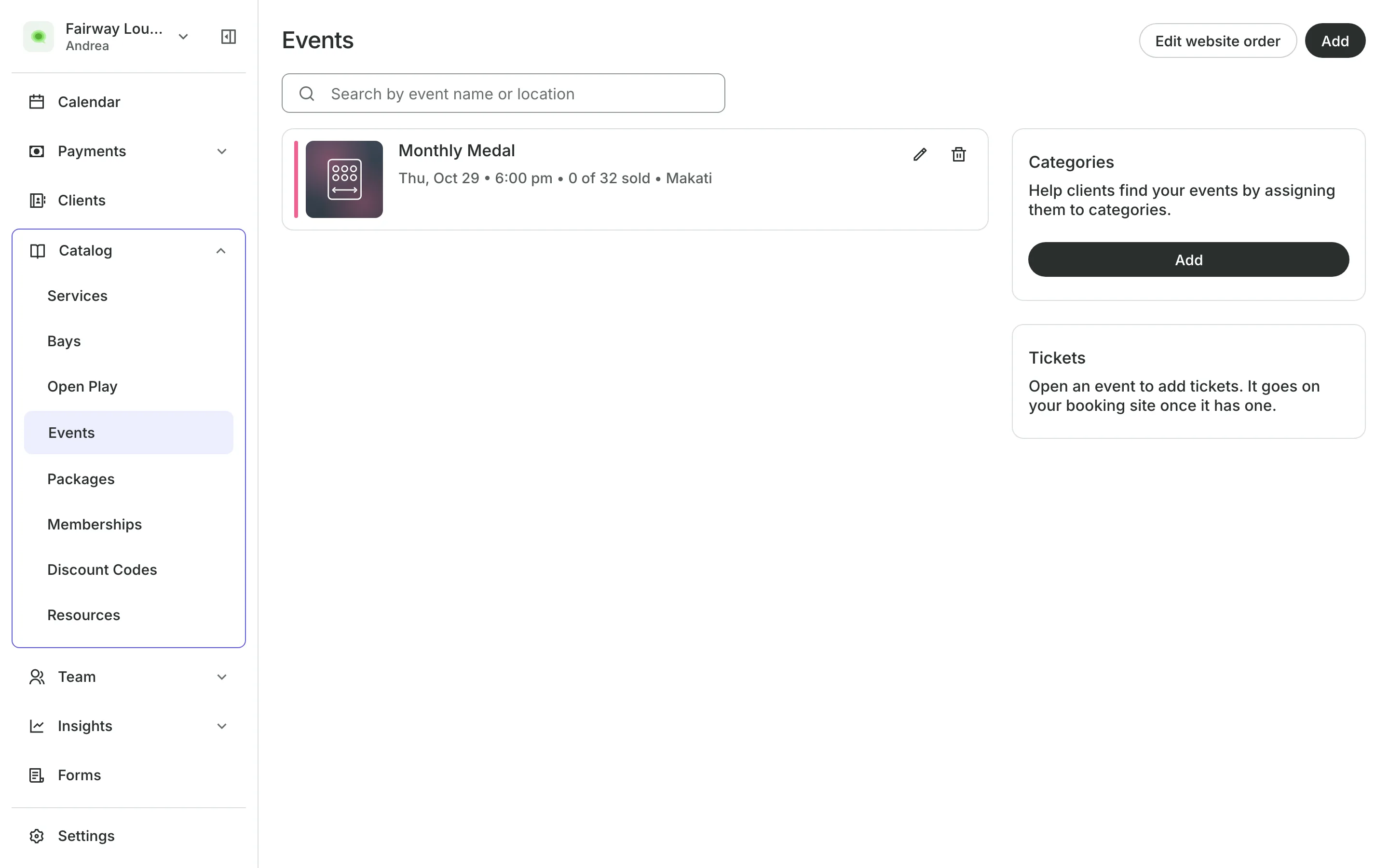 Events with their date, place and tickets