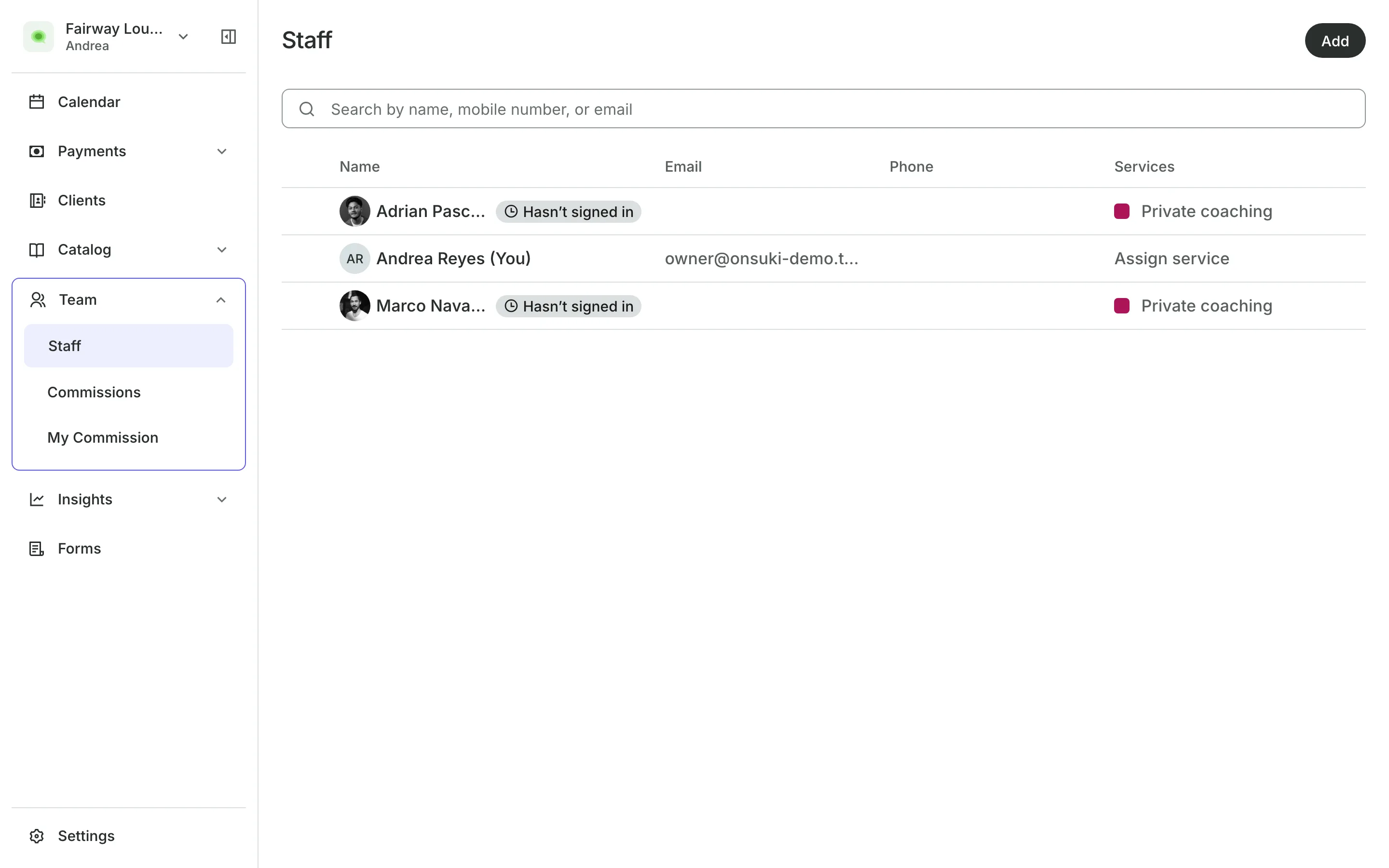 The team list with each person's role