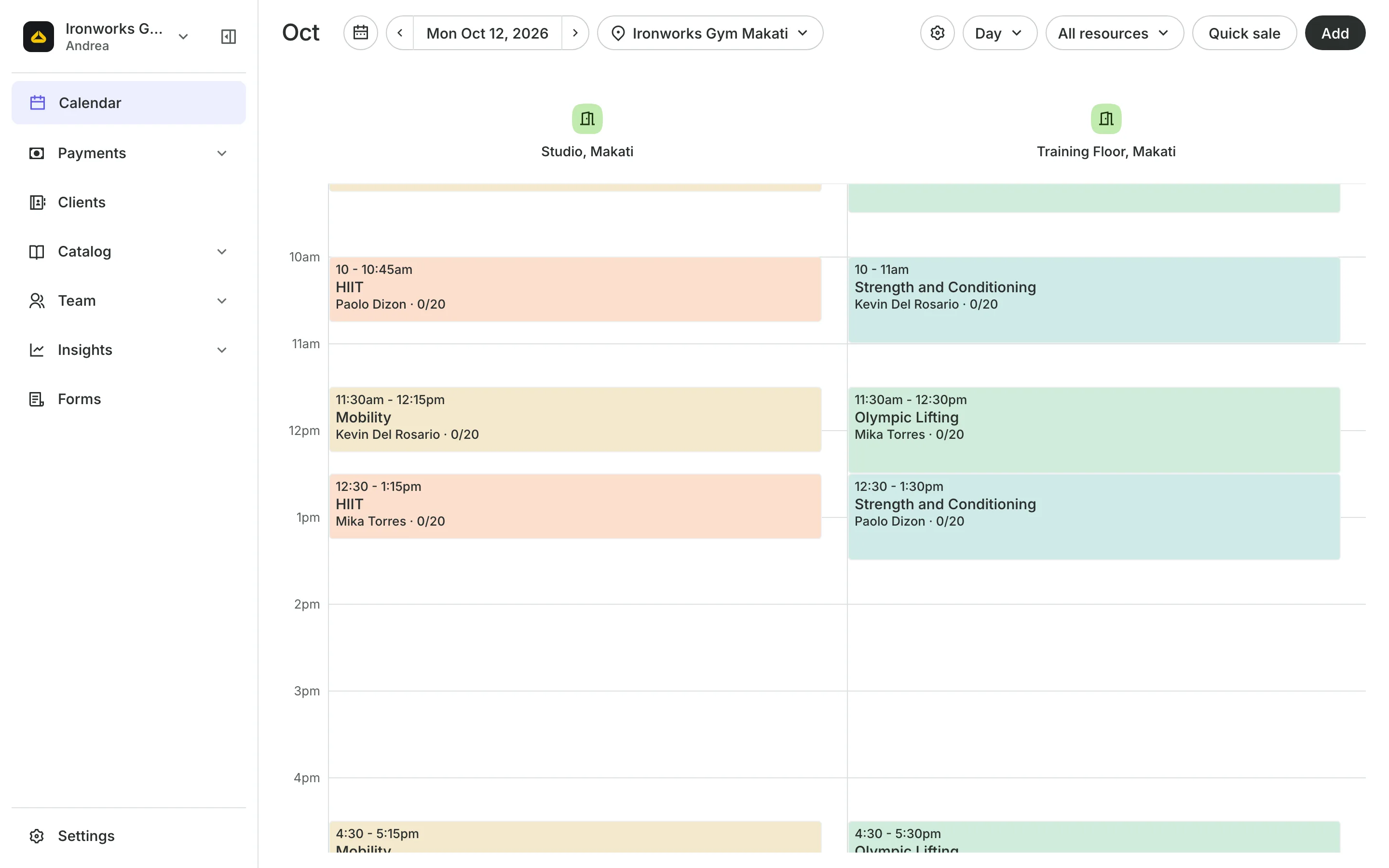 The calendar in day view: the day's classes, each with how many are booked
