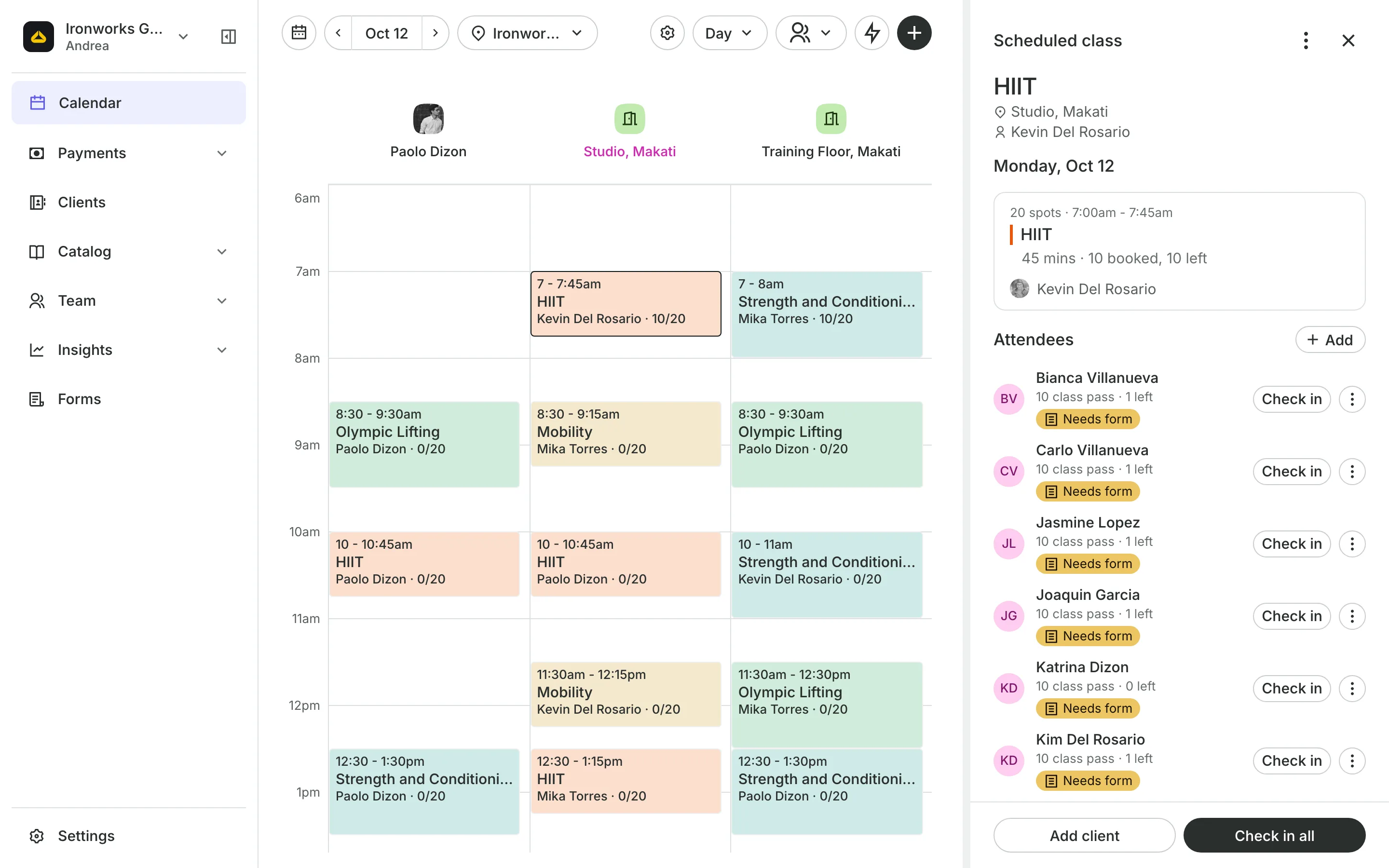 A class open from the calendar: who is booked, how each pays, and Check in all