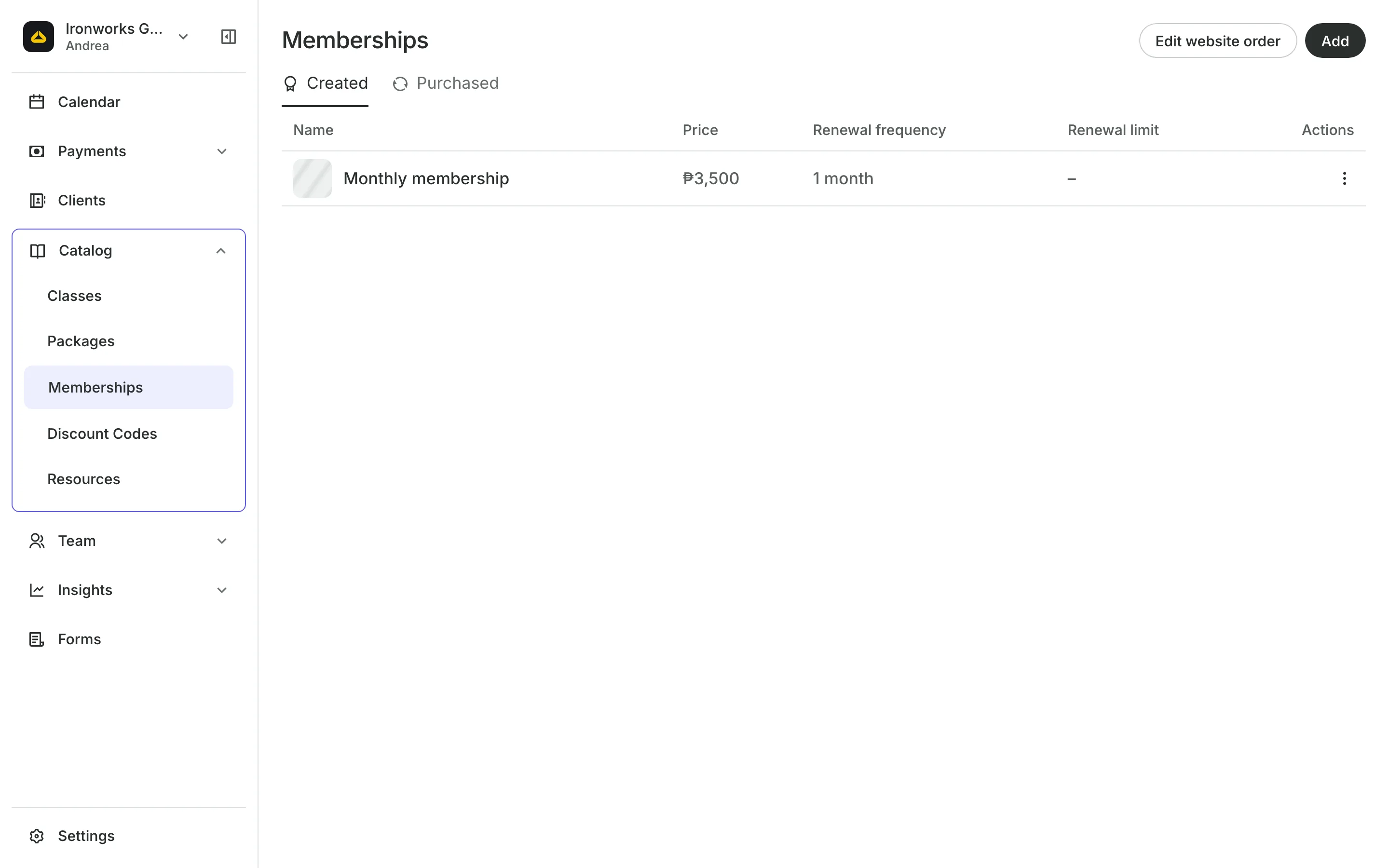 Memberships with each one's price and renewal