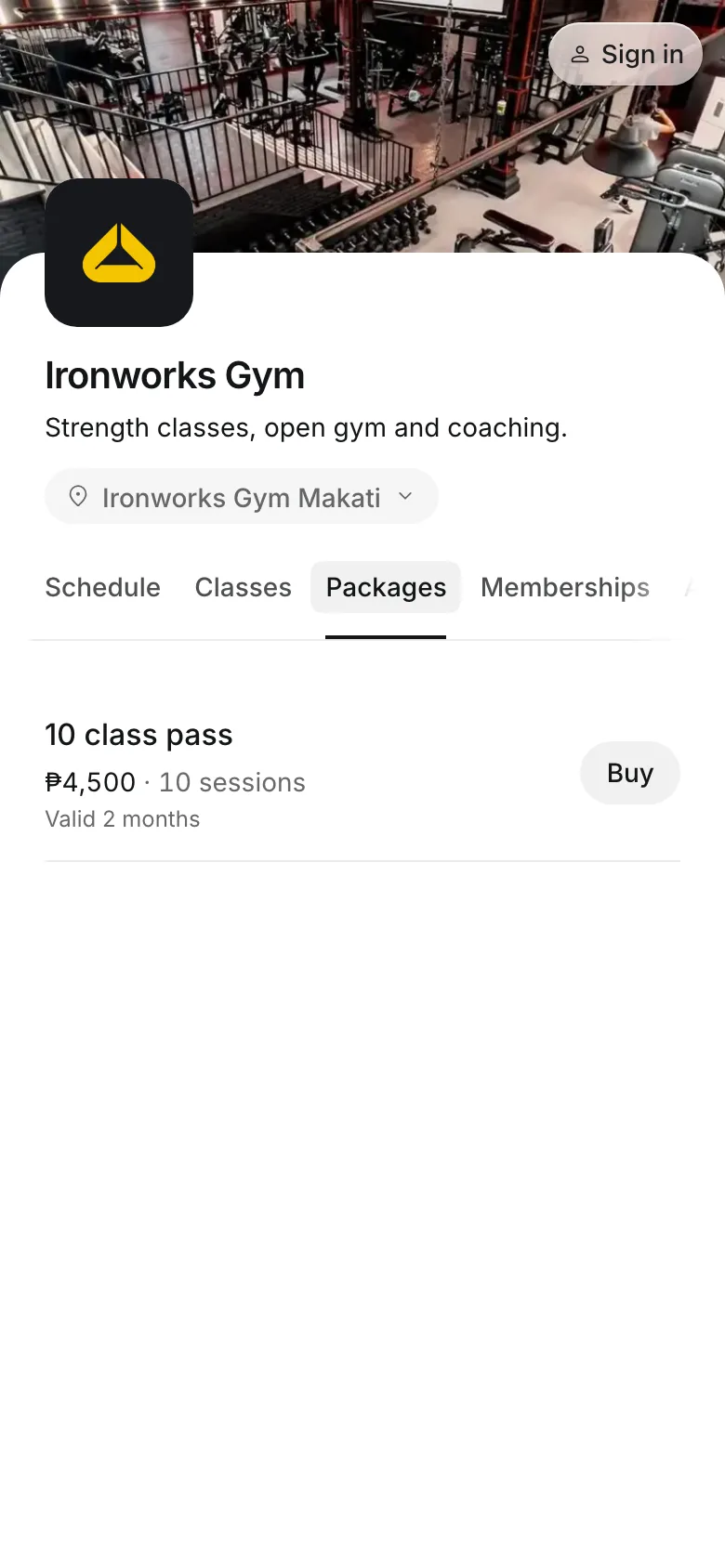 Packages and memberships on the booking page, on a phone
