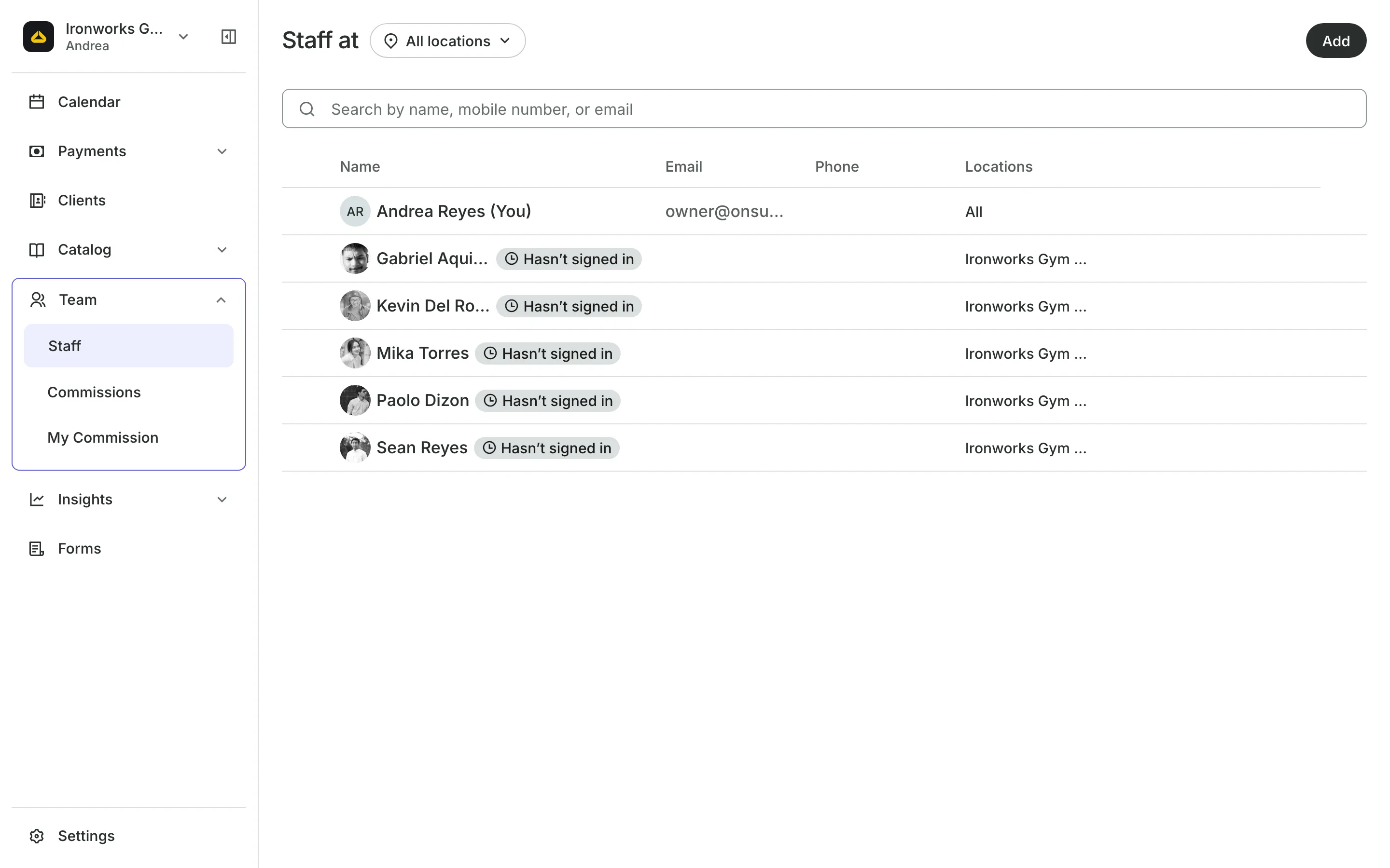 The team list with each person's role