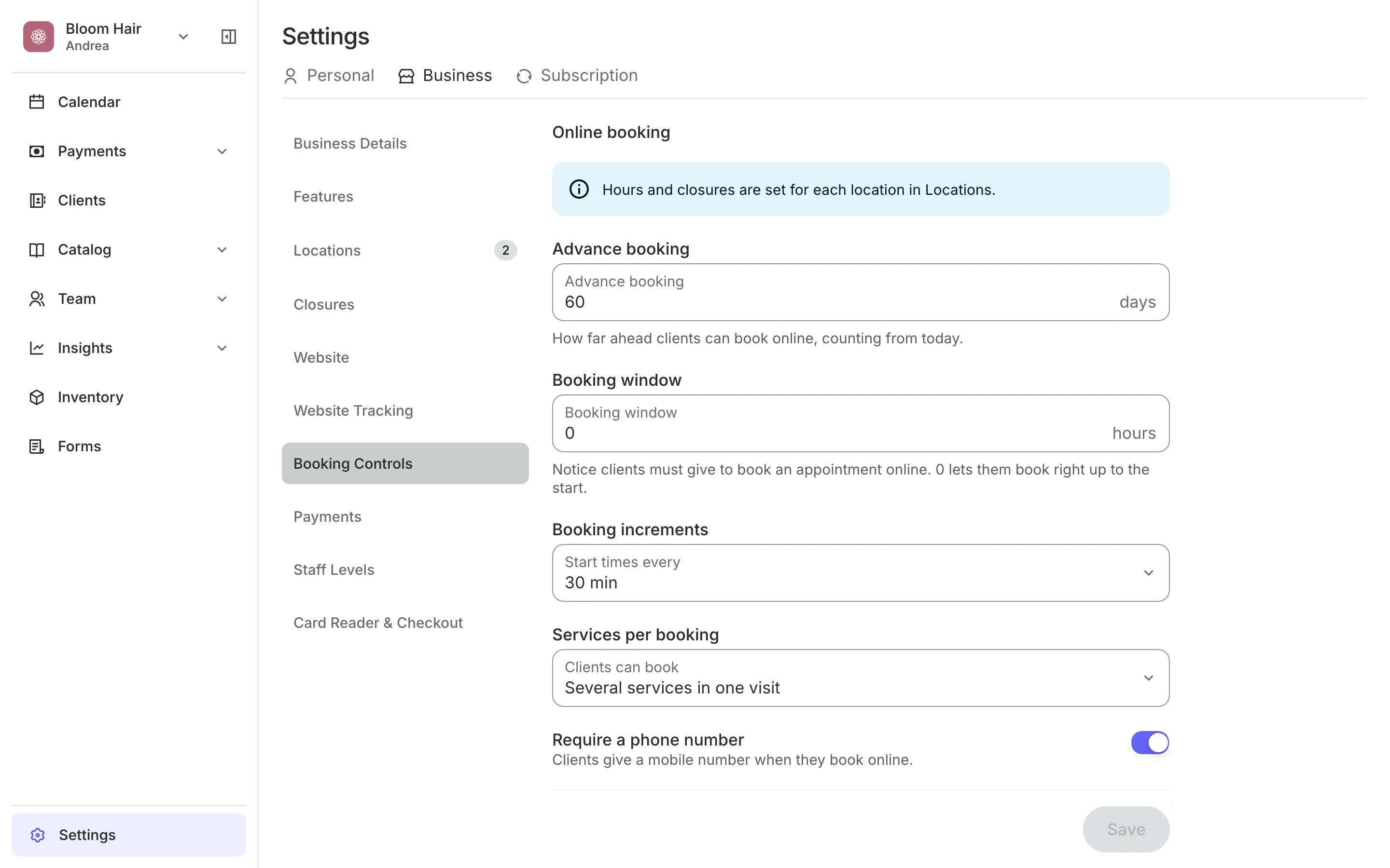 Booking rules: how far ahead clients can book and the start times