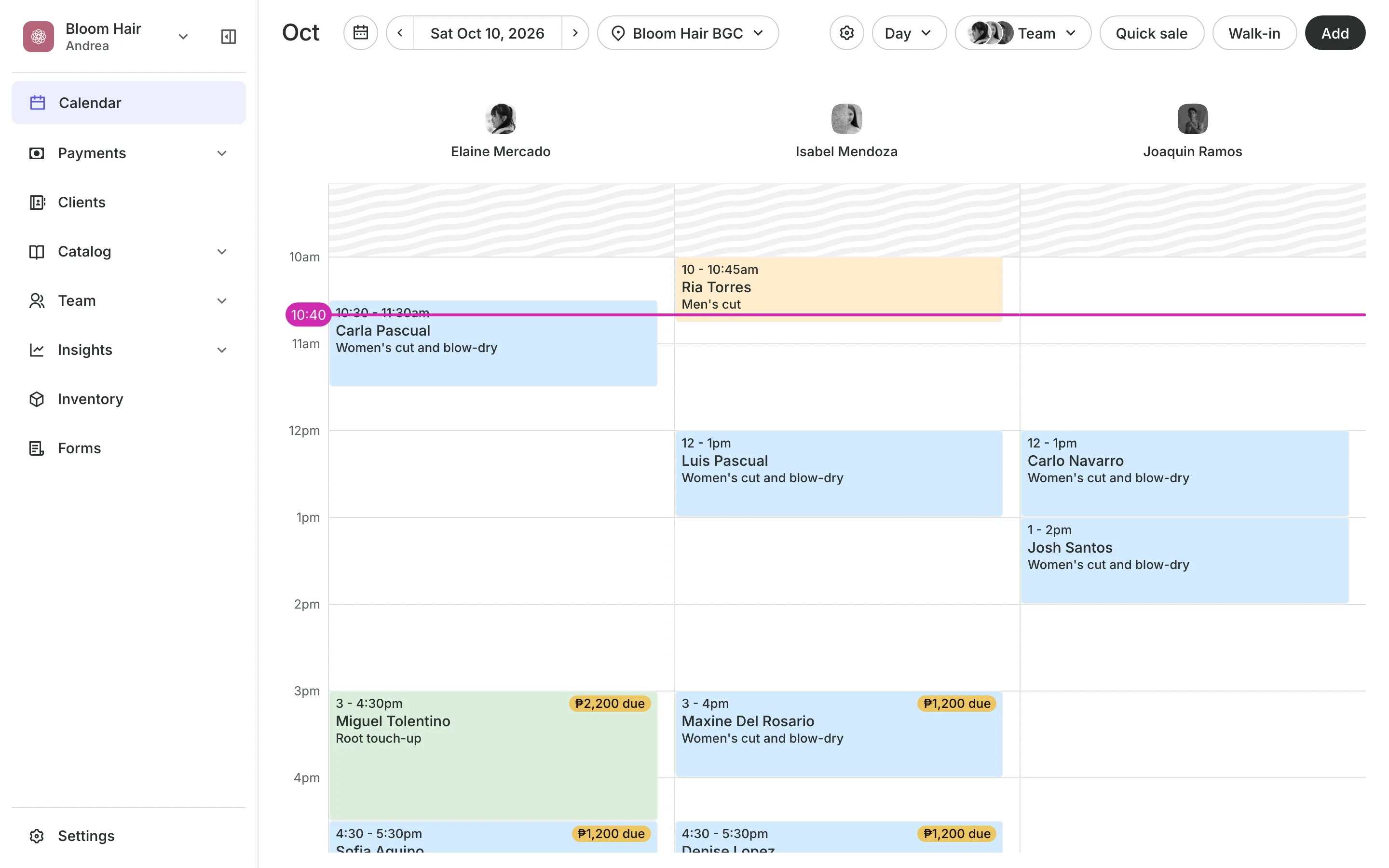 The calendar in day view: the team's columns and the day's bookings