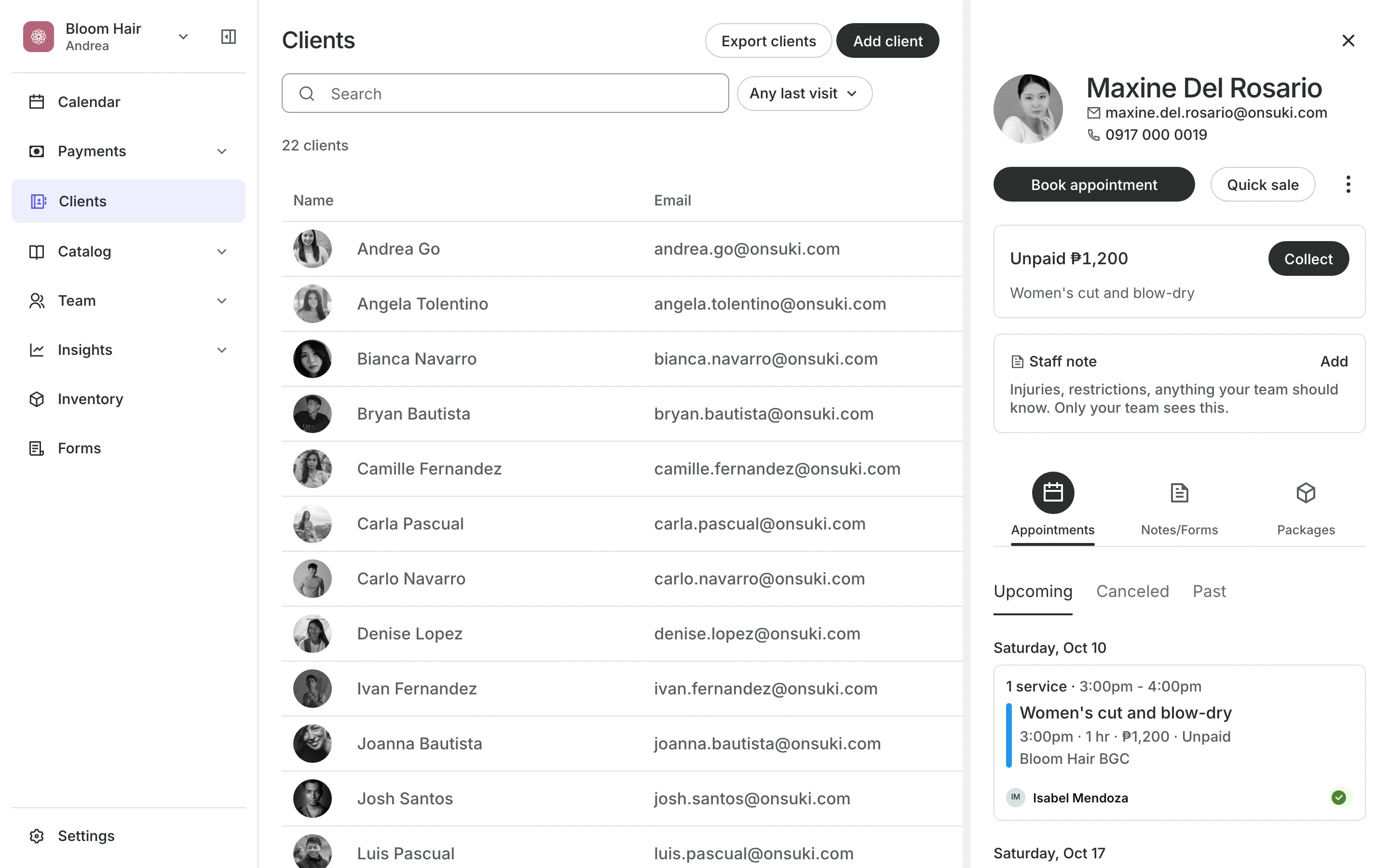A client's profile: contact details, a staff note and their bookings