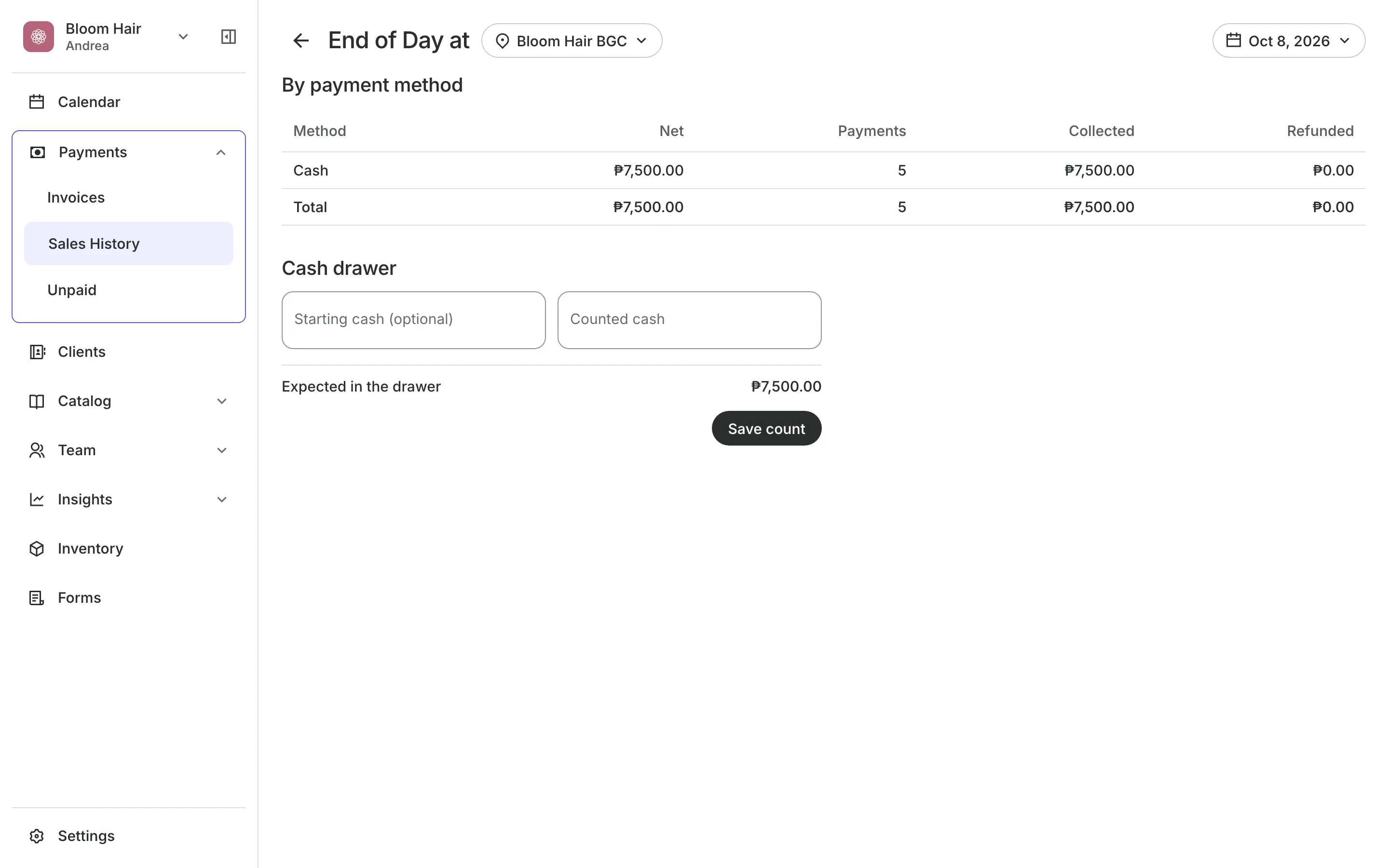 End of Day: the day's sales by payment method and the cash drawer