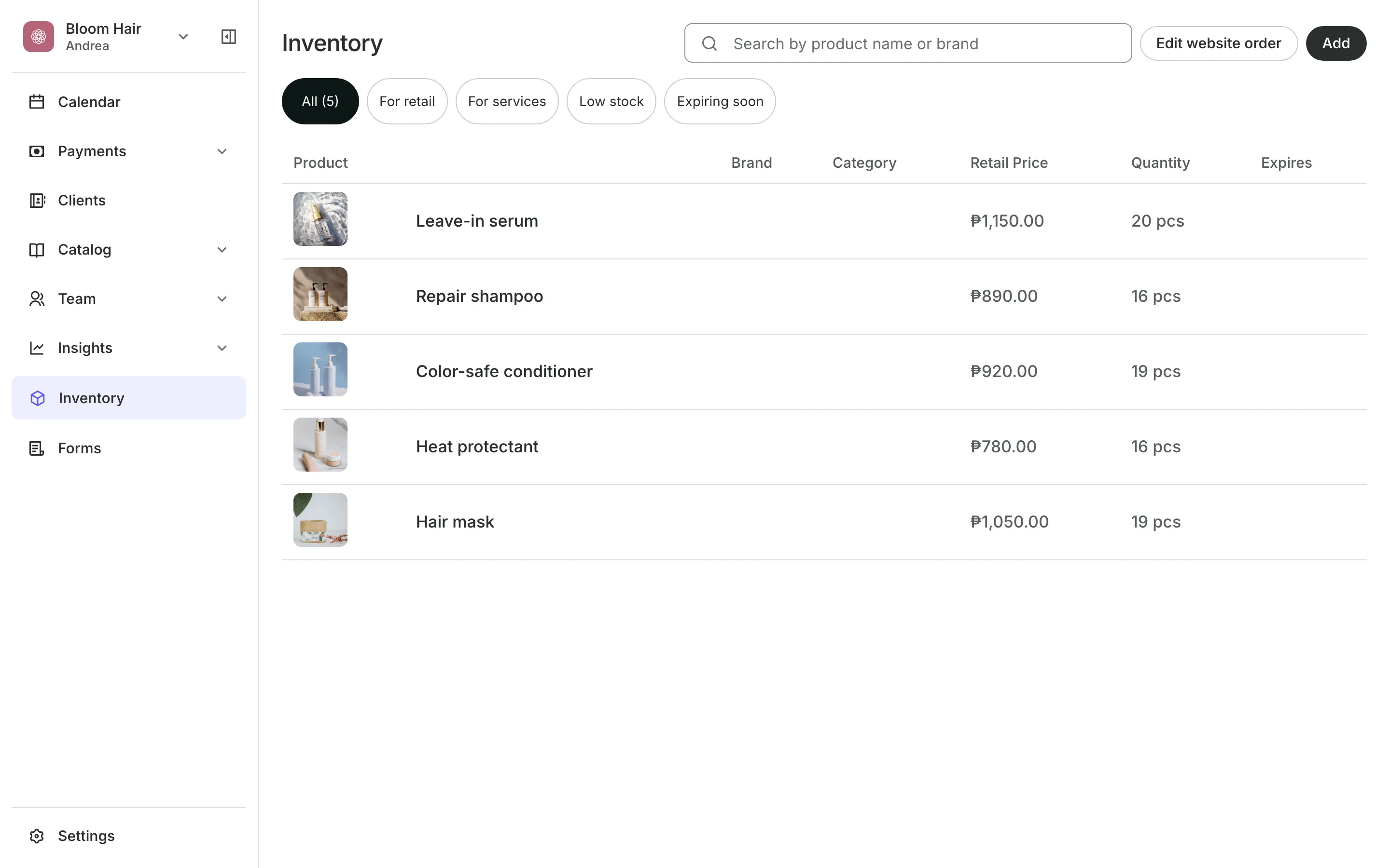 Inventory: each product and its stock