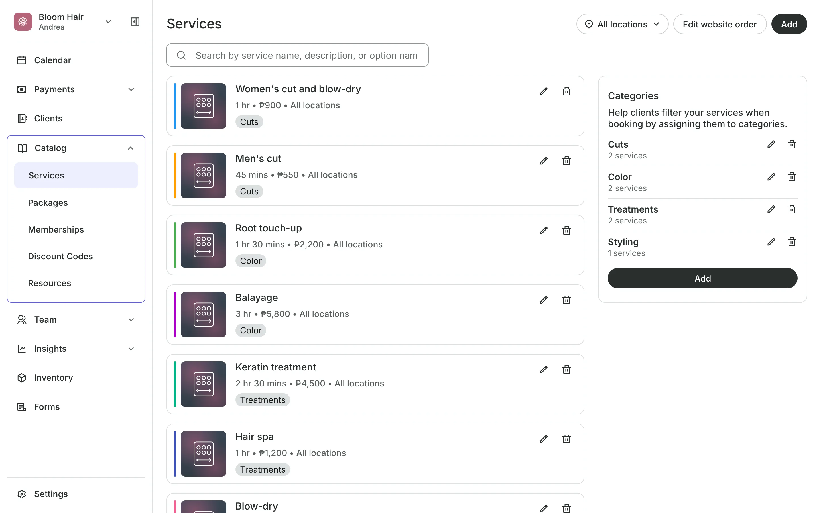 The service menu with each service's price and length