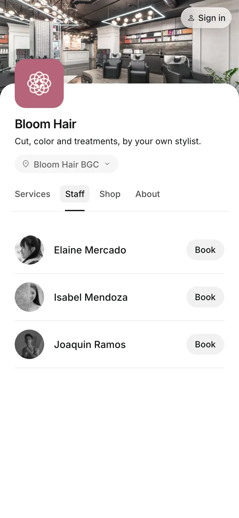 The team on the booking page, on a phone
