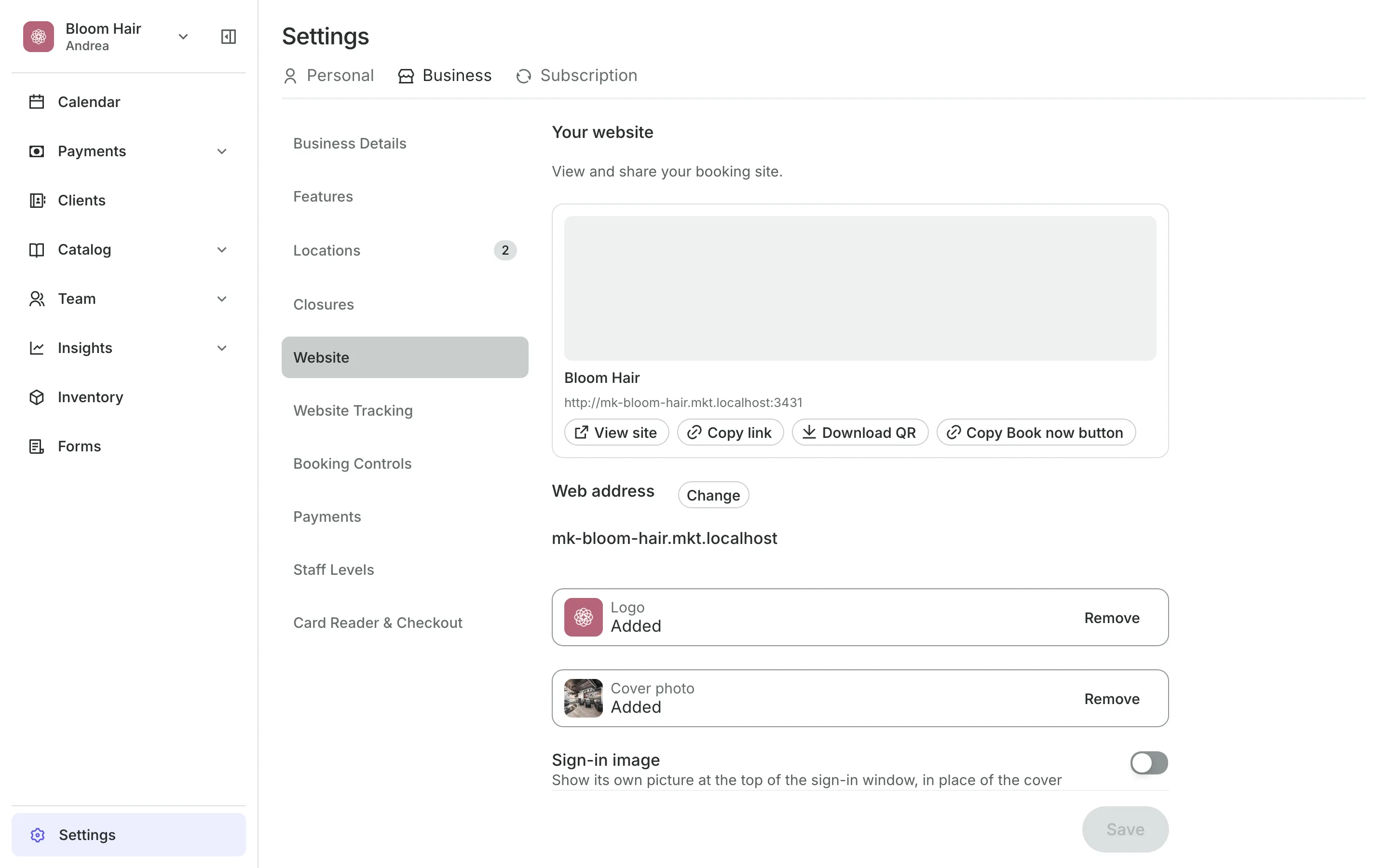 The booking site's settings: its address, logo and cover