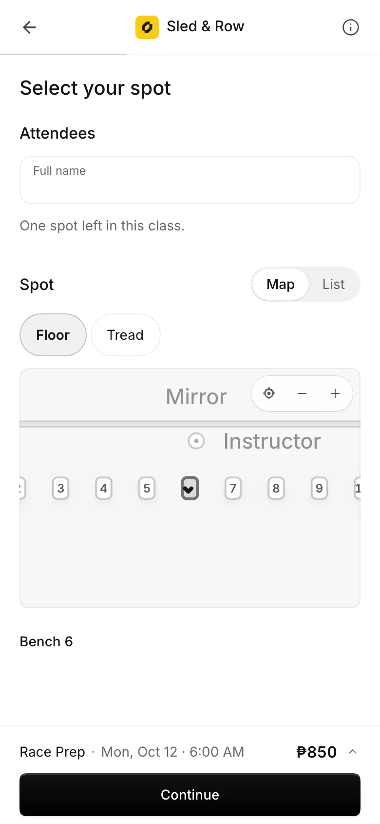 Booking a class on a phone: the spot or the pack, then checkout