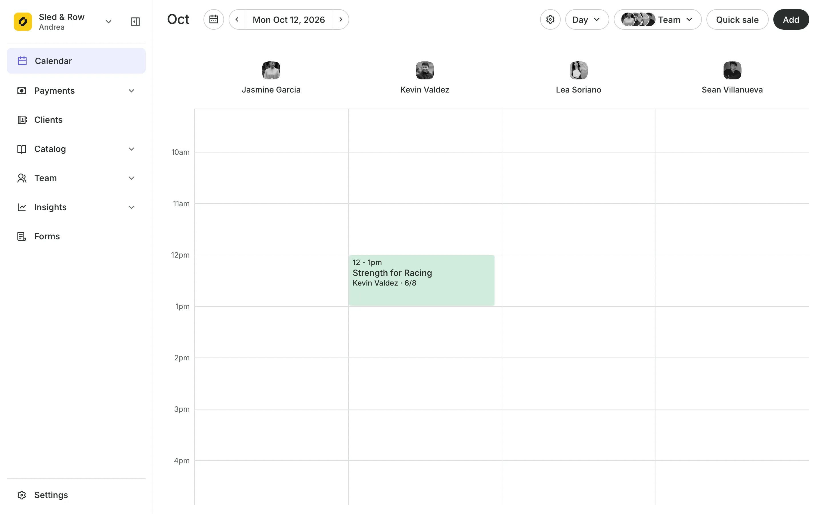 The calendar in day view: the day's classes, each with how many are booked