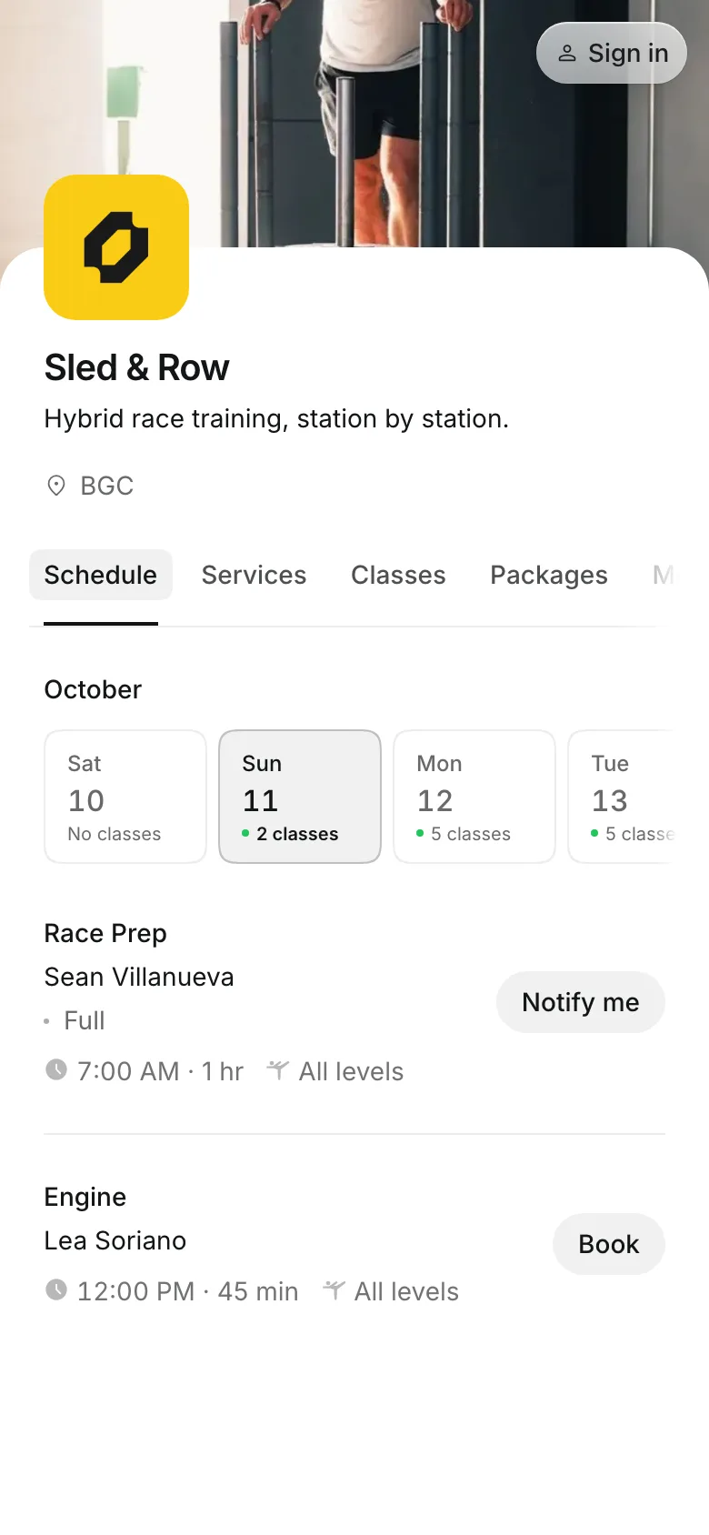 The business's booking page on a phone