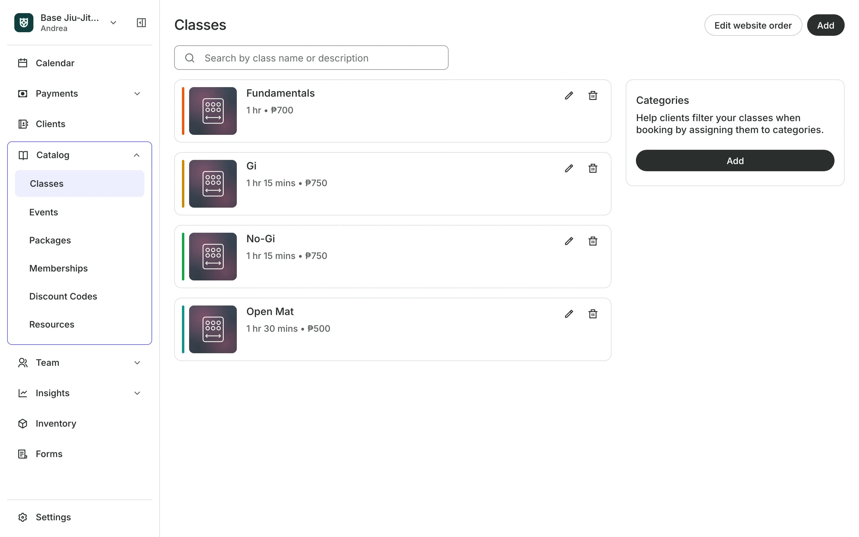 The class list with each class's length and price