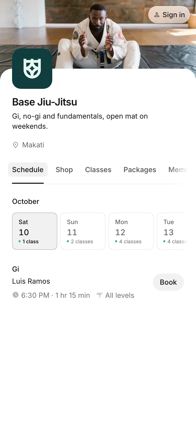 The business's booking page on a phone