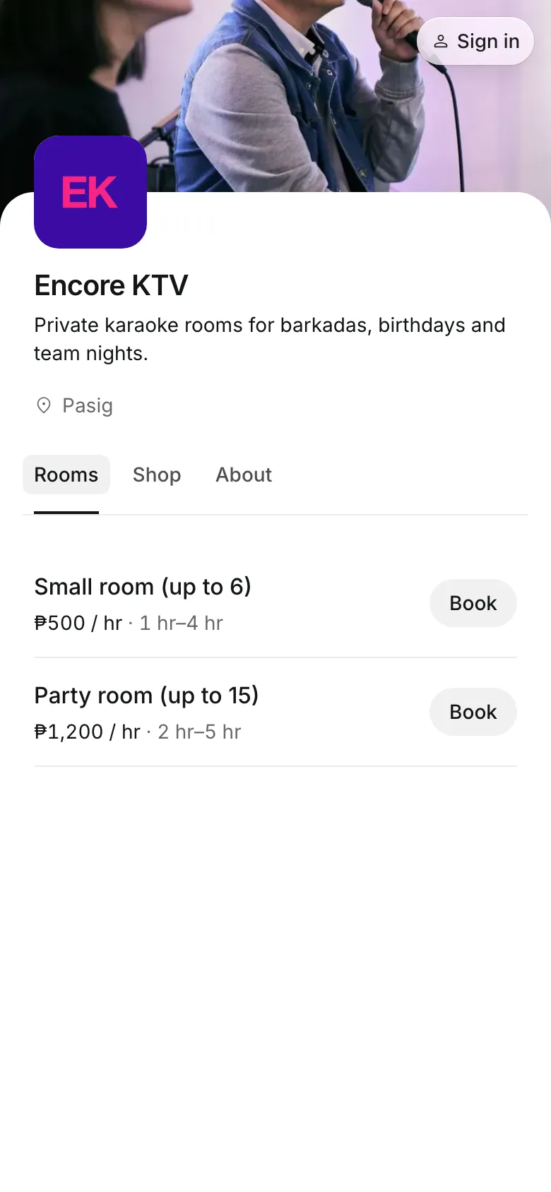 The business's booking page on a phone