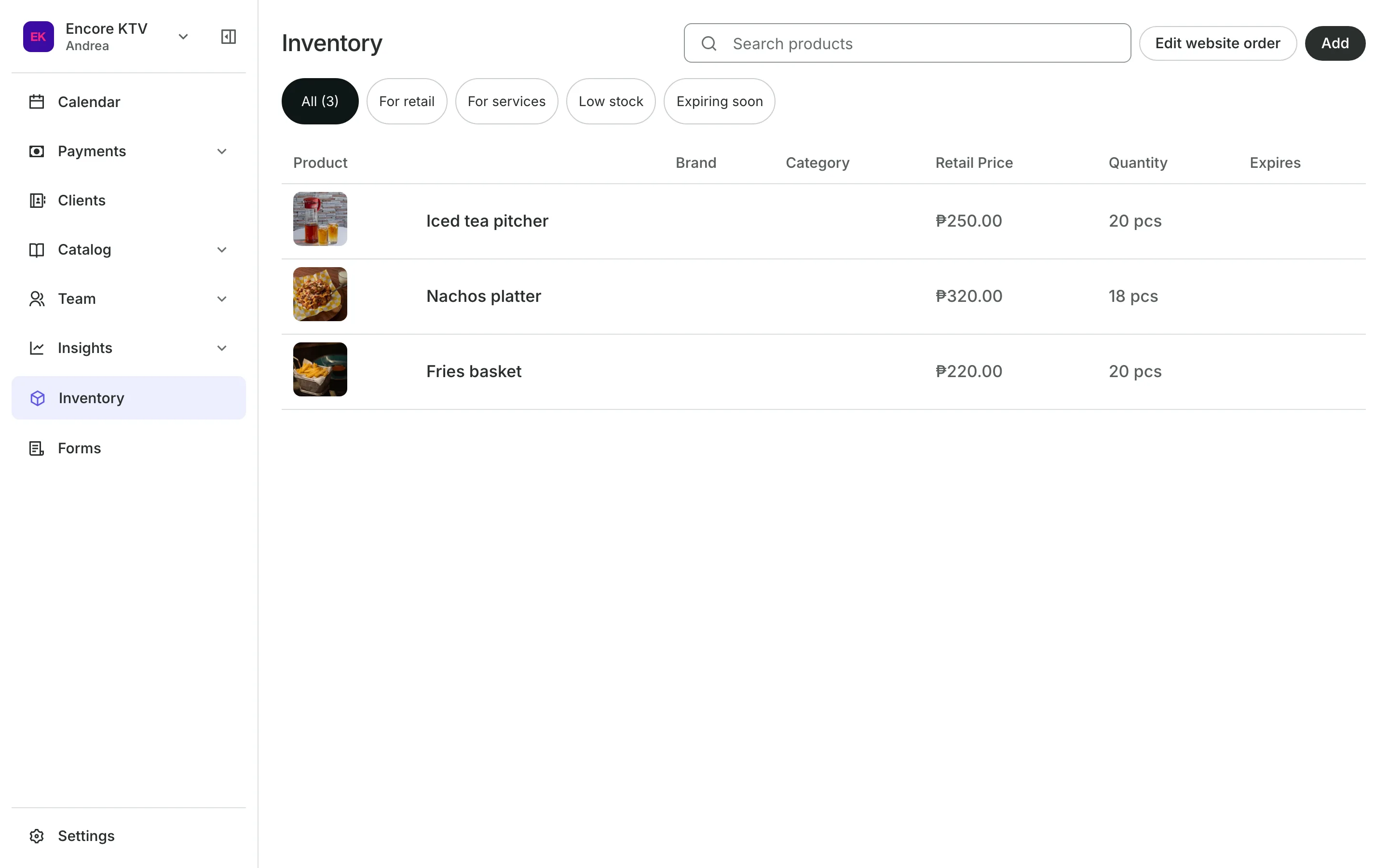 Inventory: each product and its stock