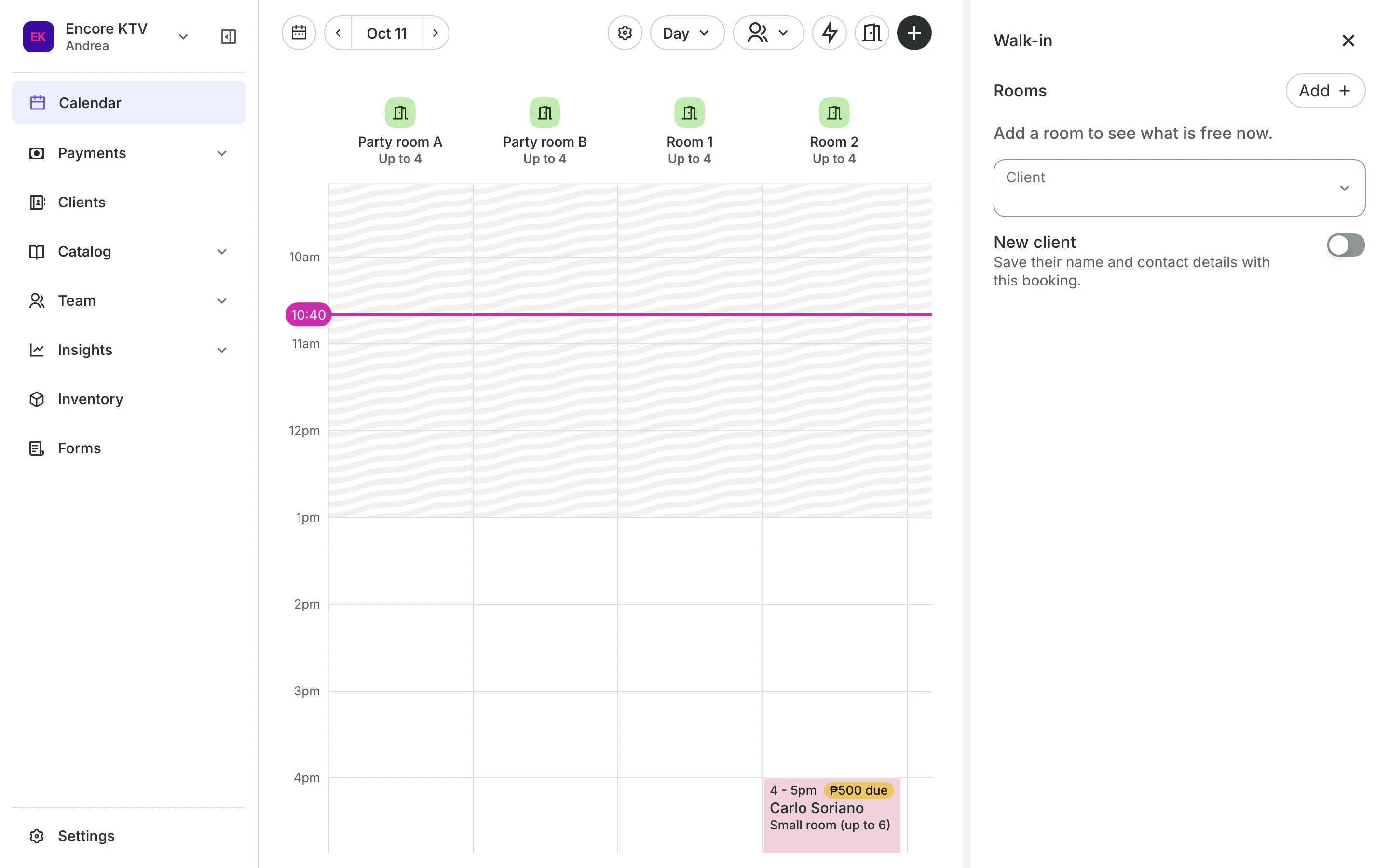 Adding a walk-in from the calendar, with each person's next free time