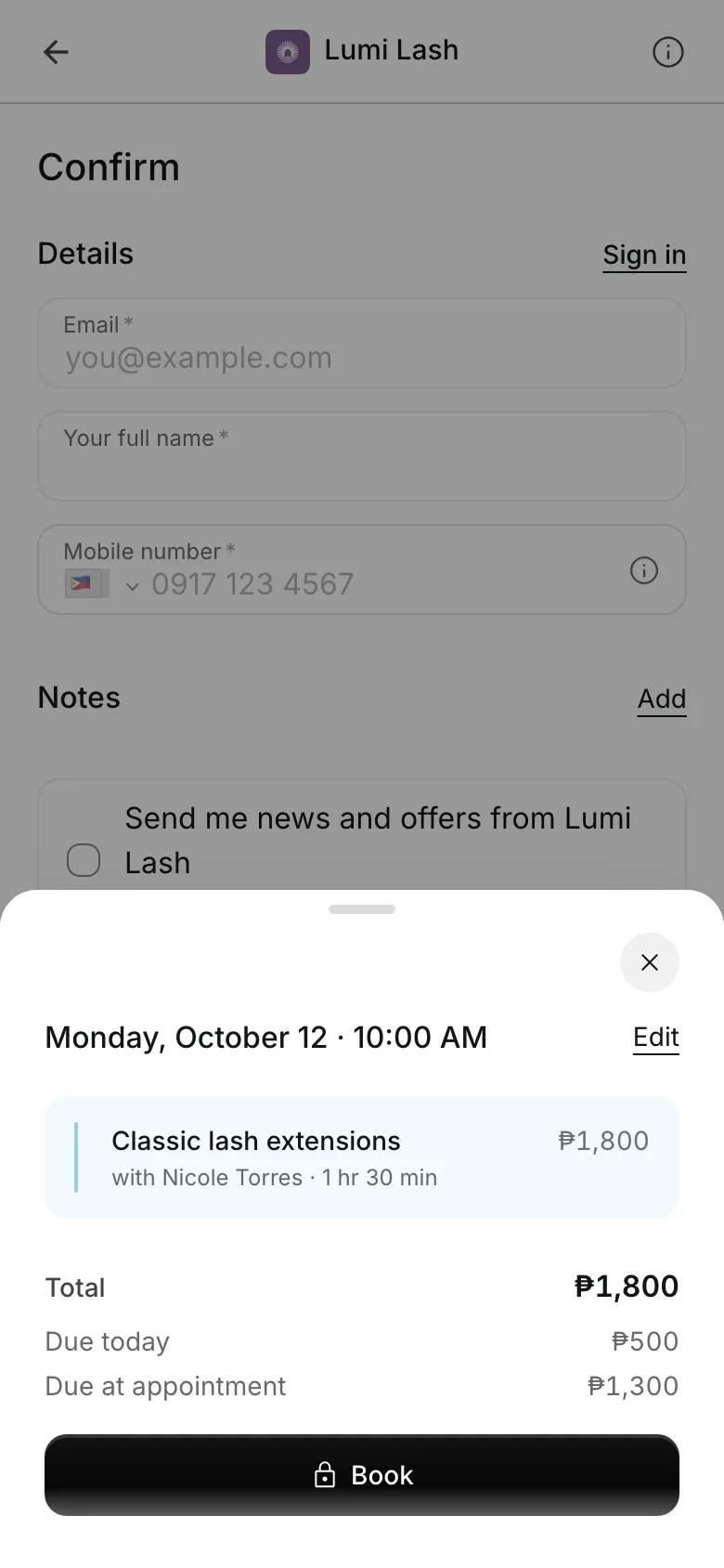 Checkout on a phone: the total, the deposit due today and the rest due at the appointment