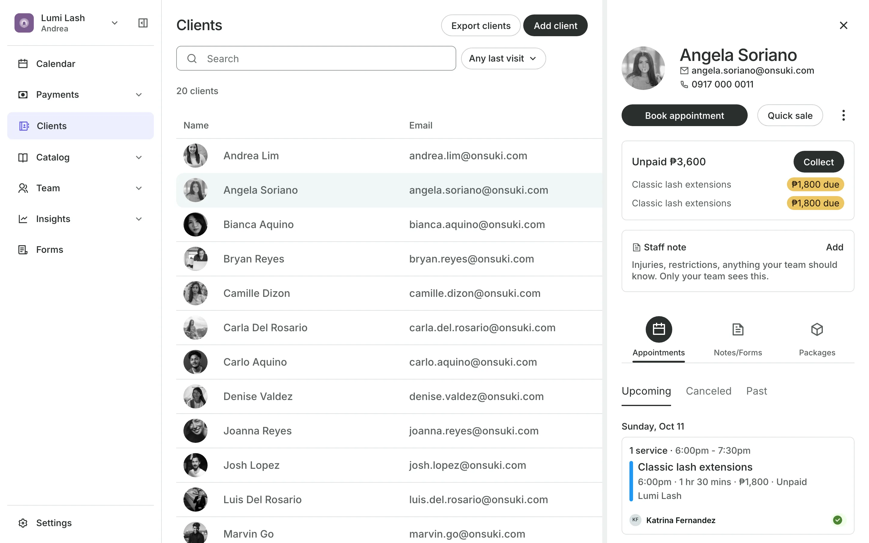 A client's profile: contact details, a staff note and their bookings