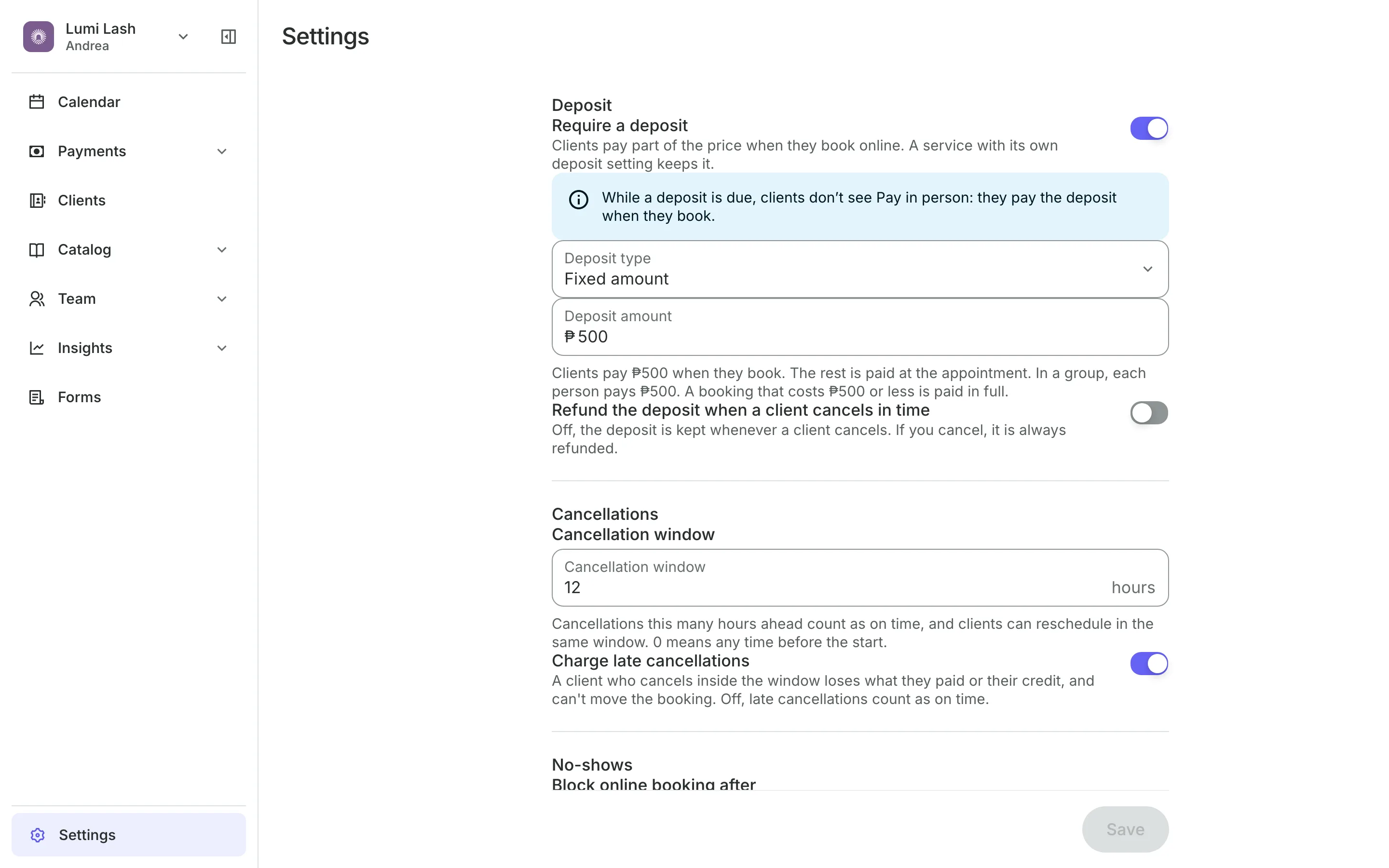 Deposit and cancellation settings: the deposit, the window and what clients see