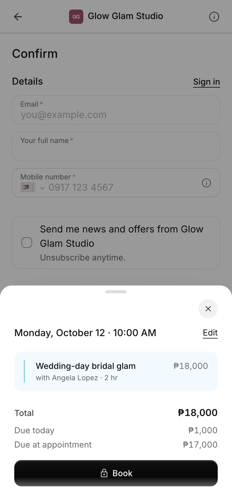 Checkout on a phone: the total, the deposit due today and the rest due at the appointment