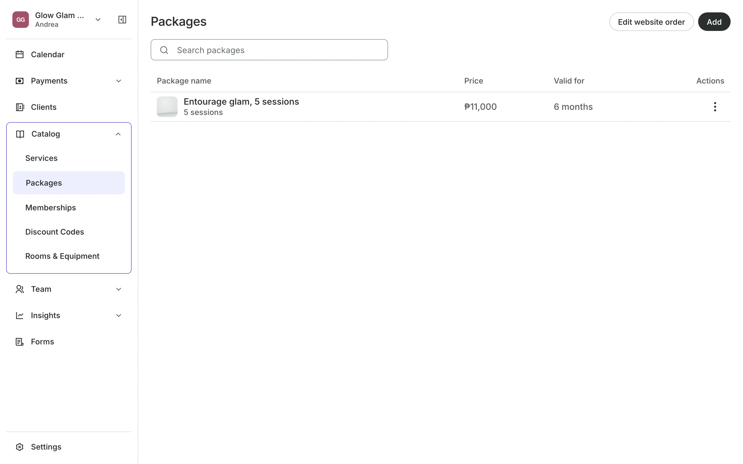 Packages for sale, each with its sessions and price