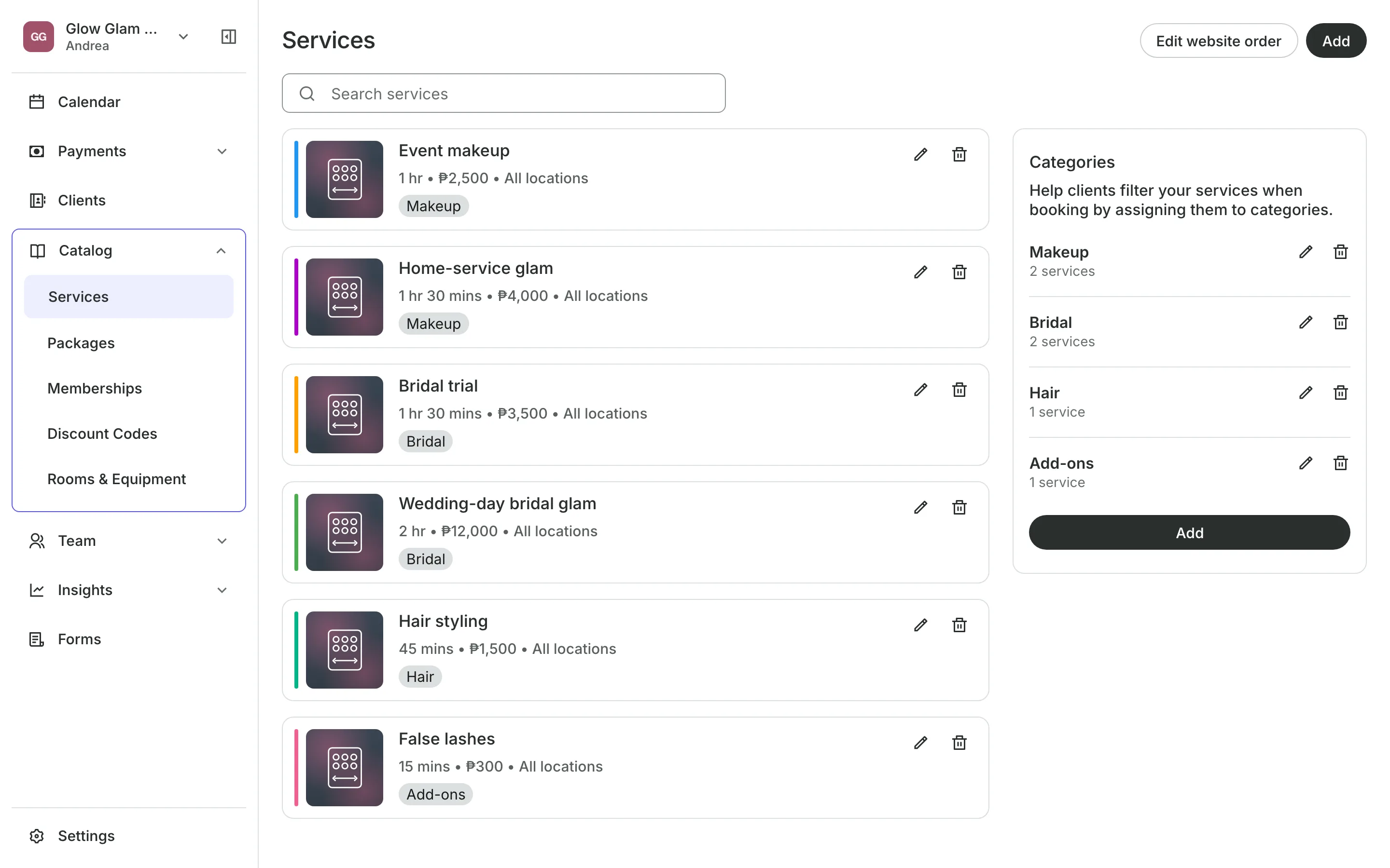 The service menu with each service's price and length