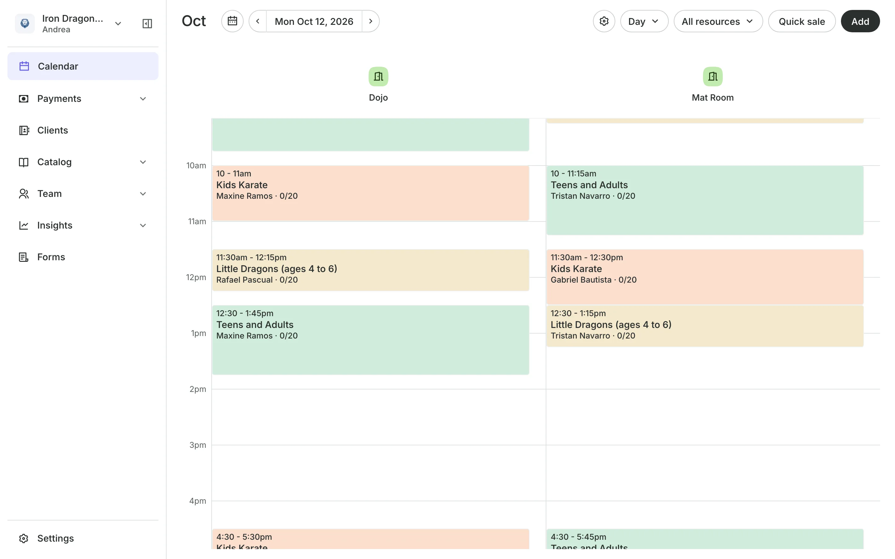 The calendar in day view: the day's classes, each with how many are booked
