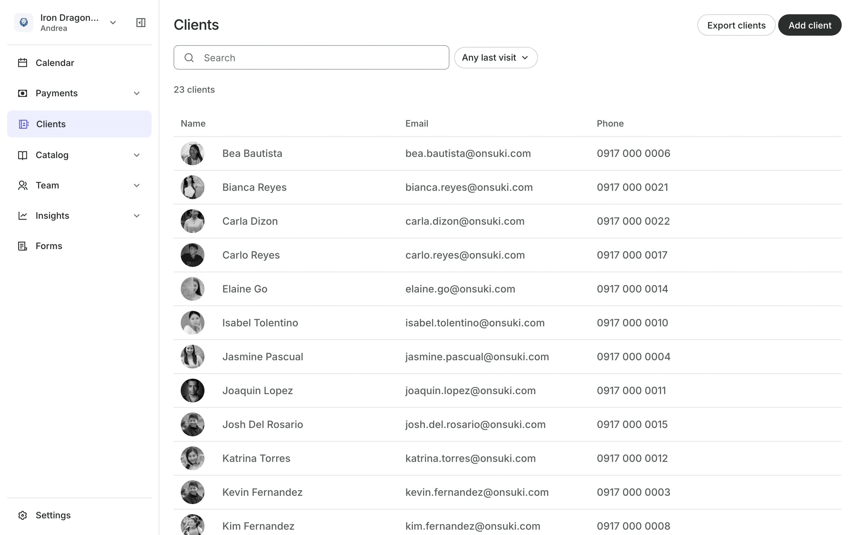 The client list with each client's email and phone