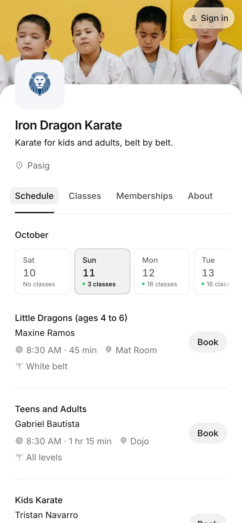 The business's booking page on a phone