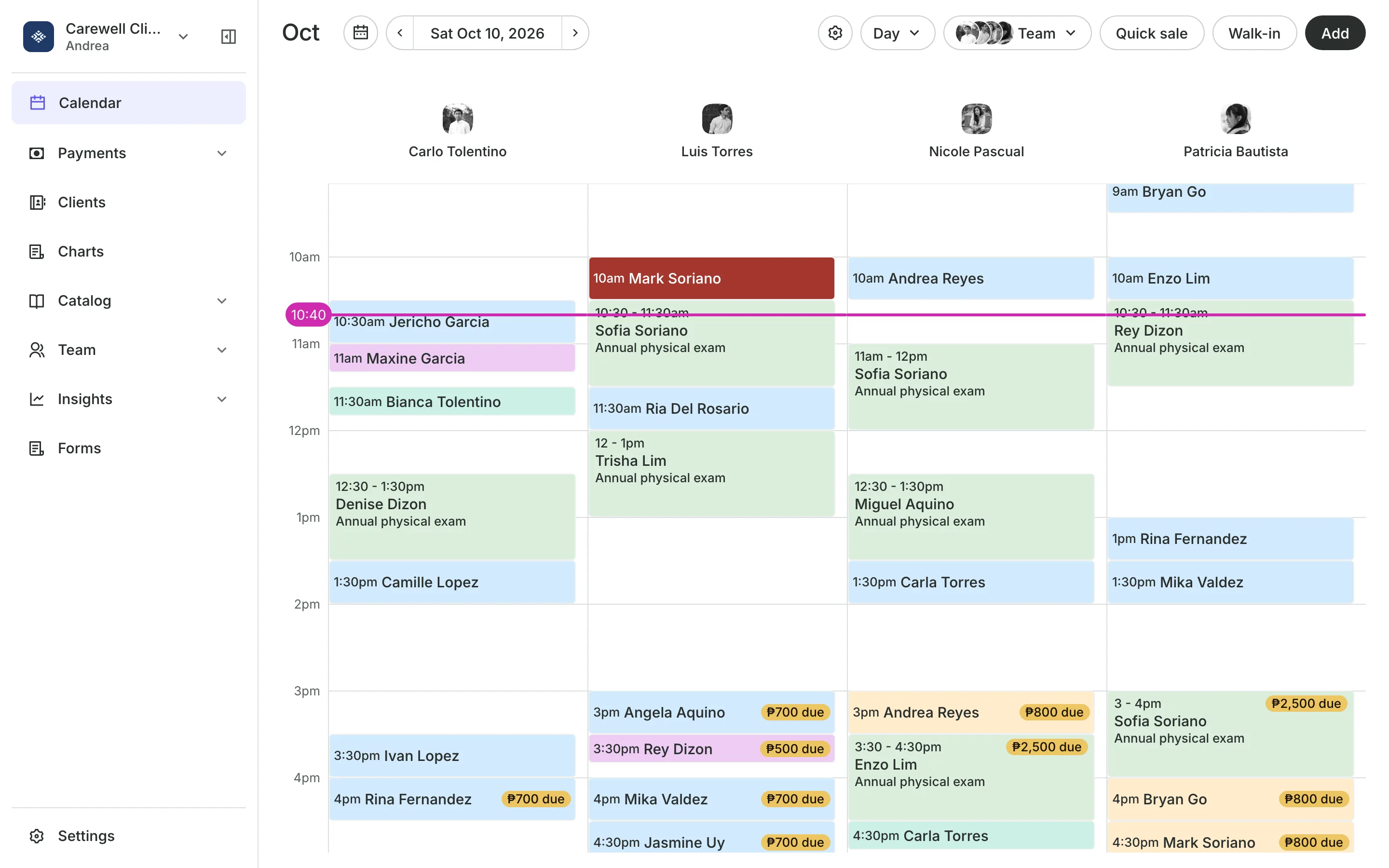 The calendar in day view: the team's columns and the day's bookings