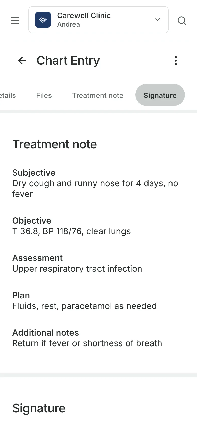 A signed chart entry on a phone: the treatment note, section by section