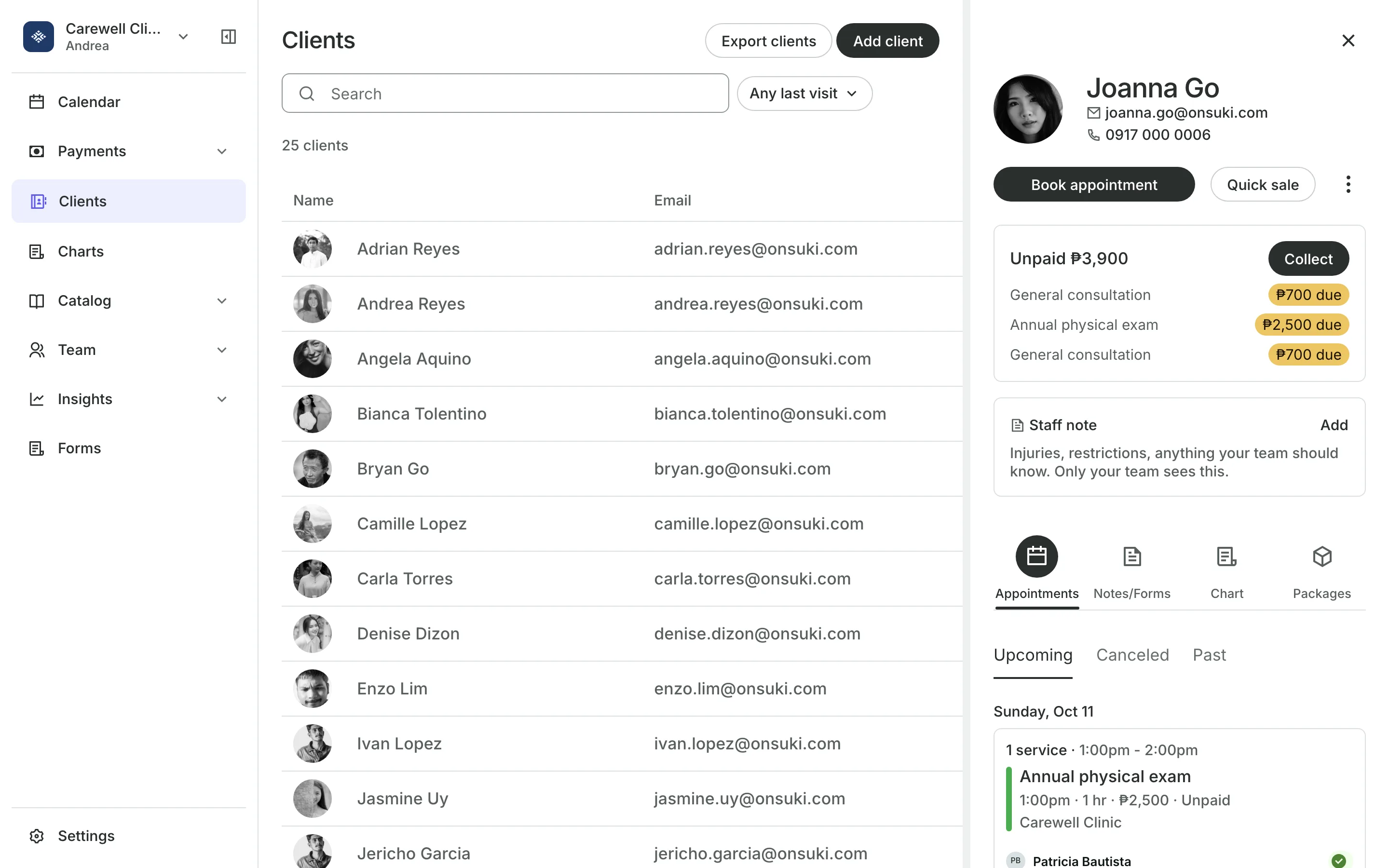 A client's profile: contact details, a staff note and their bookings