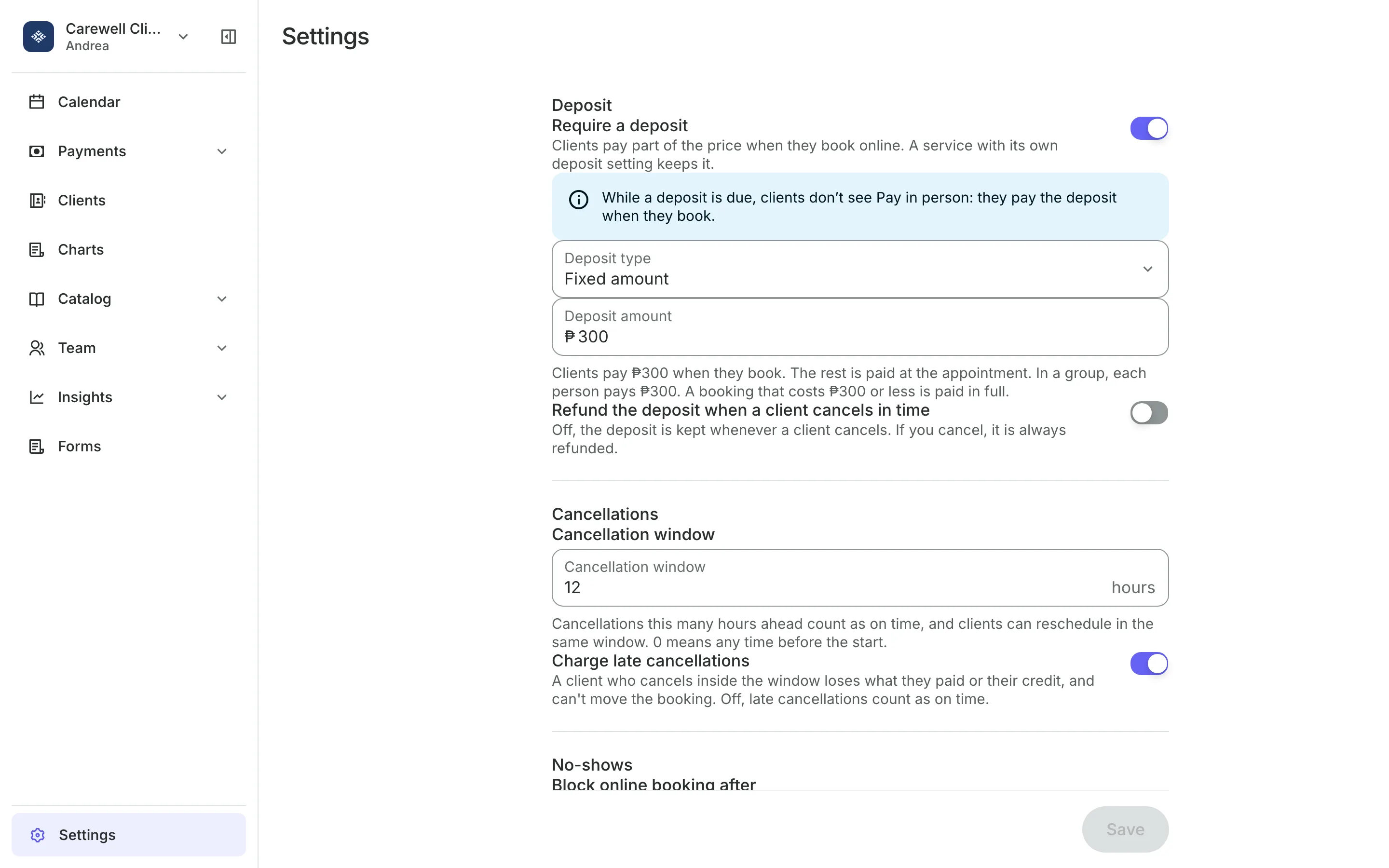 Deposit and cancellation settings: the deposit, the window and what clients see