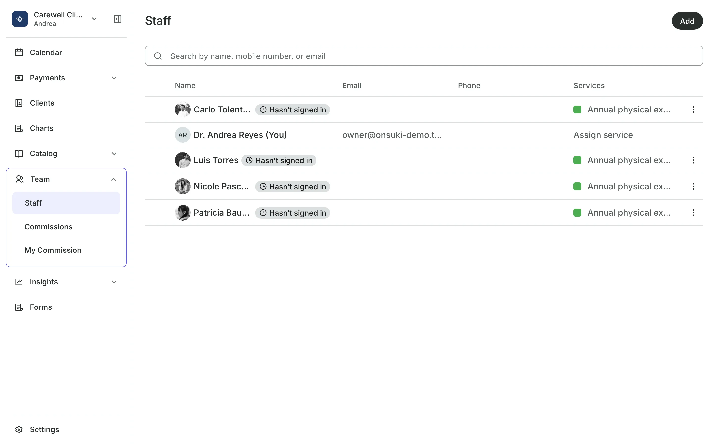 The team list with each person's role