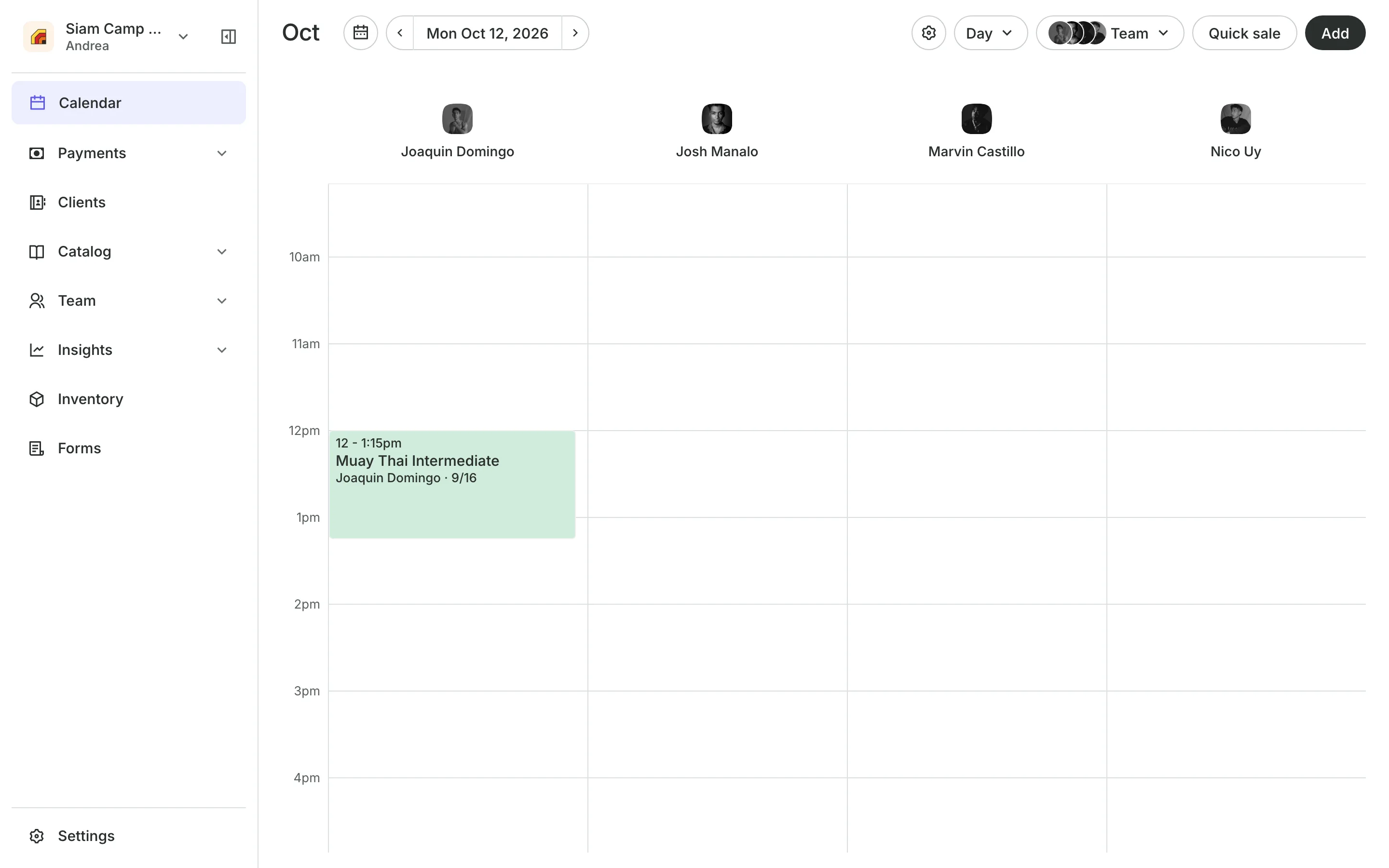 The calendar in day view: the day's classes, each with how many are booked