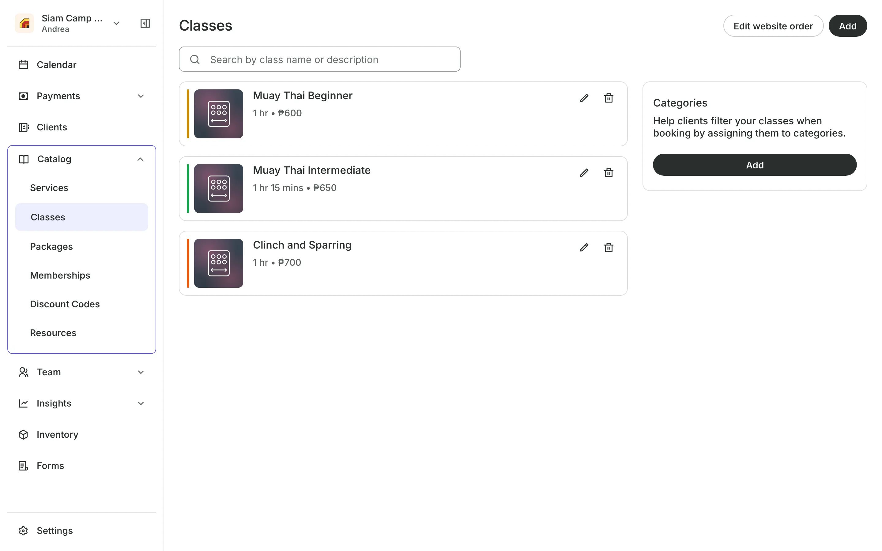 The class list with each class's length and price