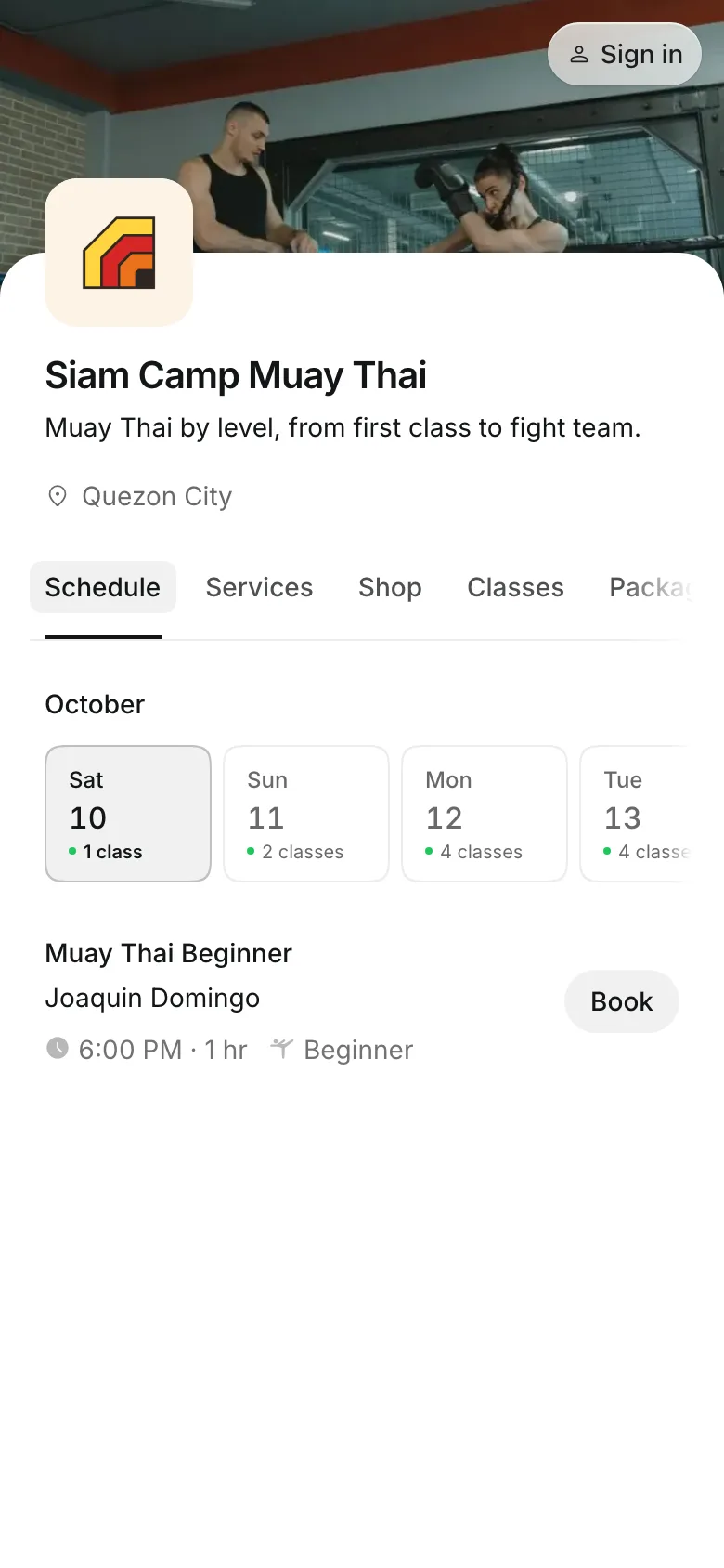 The business's booking page on a phone